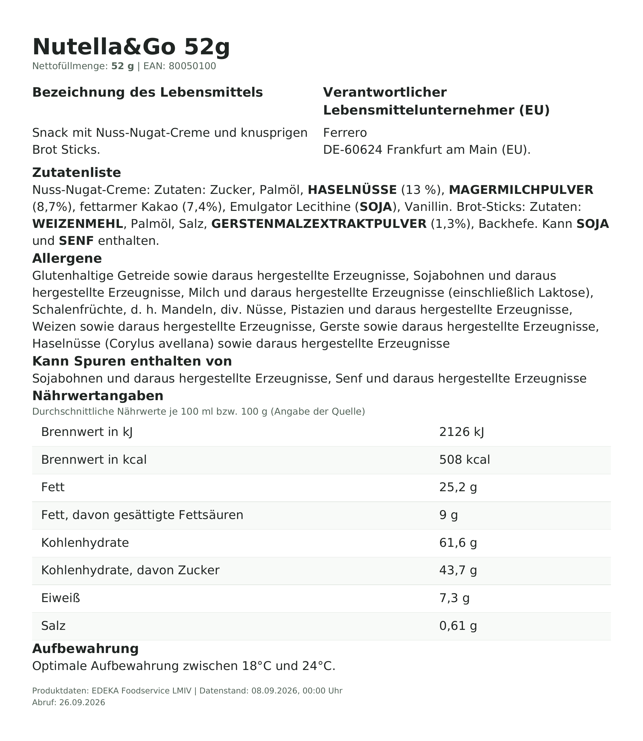 Nutella&Go 52g – Lebensmittelangaben