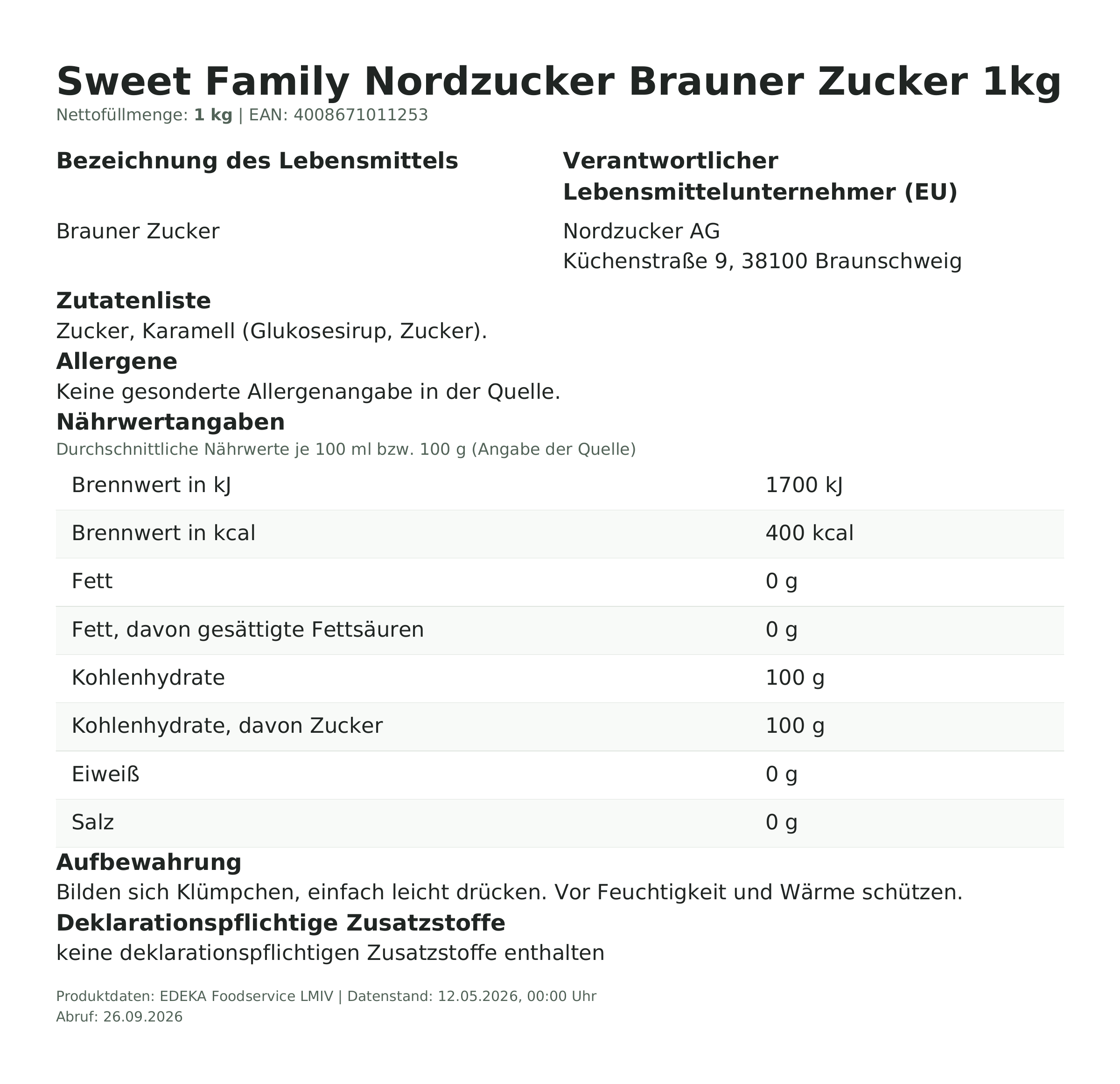 Lebensmittelinformationen: NZ Brauner Zucker 1Kg 1kg