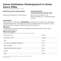 Lebensmittelinformationen: Simon Rindergulasch 500 g