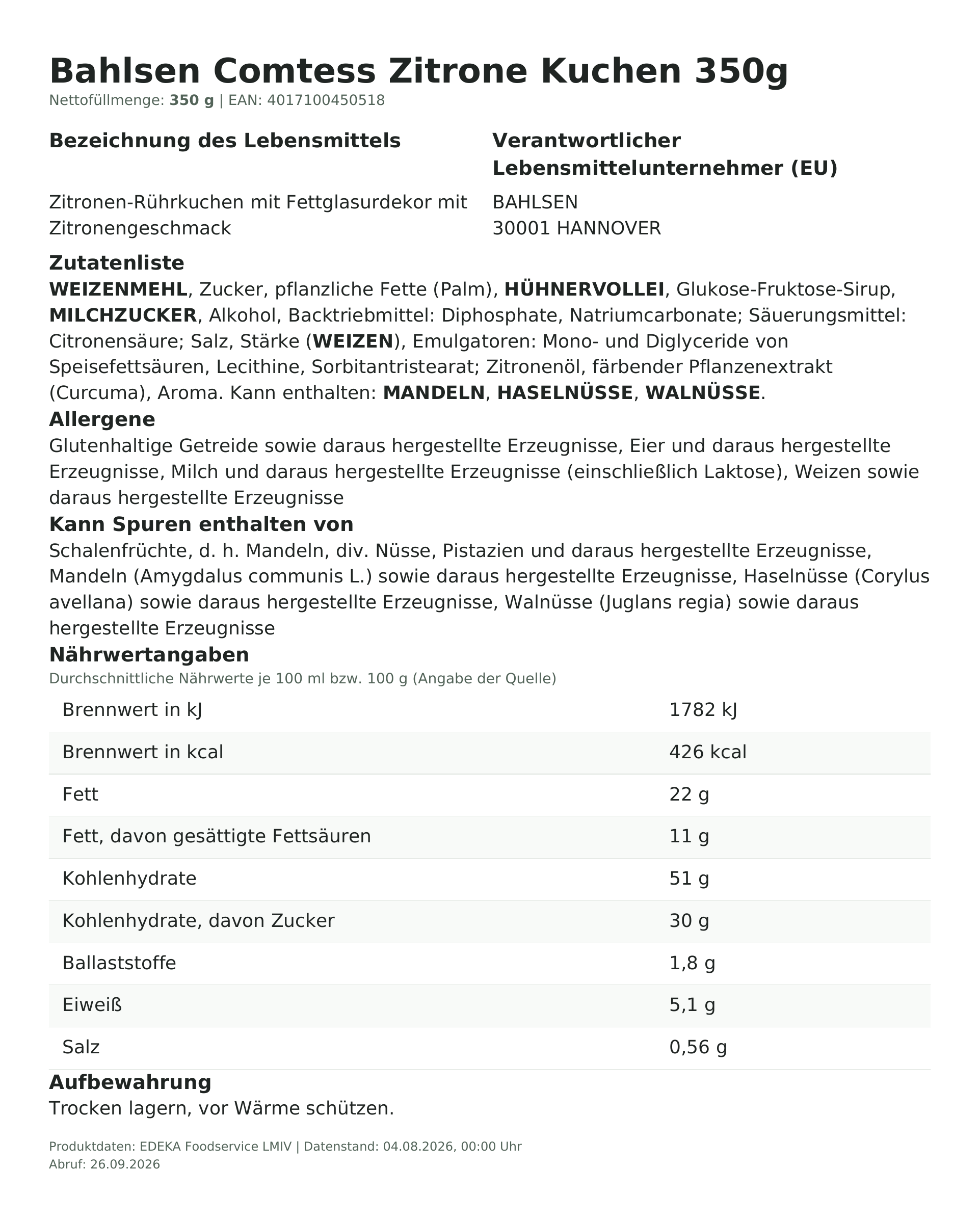 Lebensmittelinformationen: Bahlsen Comtess Kuchen Zitrone 350g