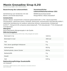 Lebensmittelinformationen: Monin Sirup Grenadine 0,25l
