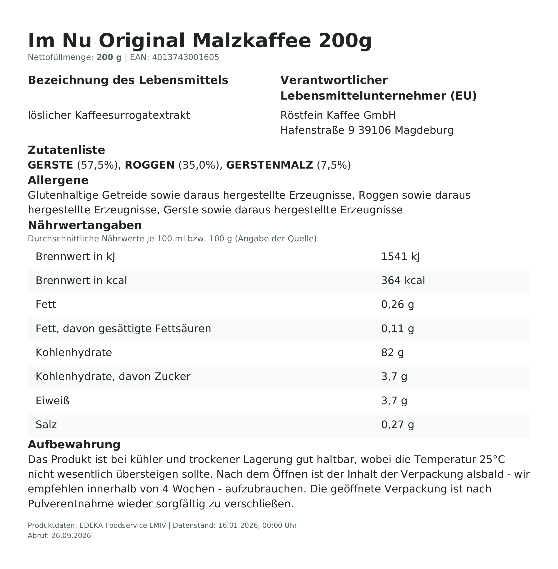 Im Nu Original Malzkaffee 200g – Lebensmittelangaben