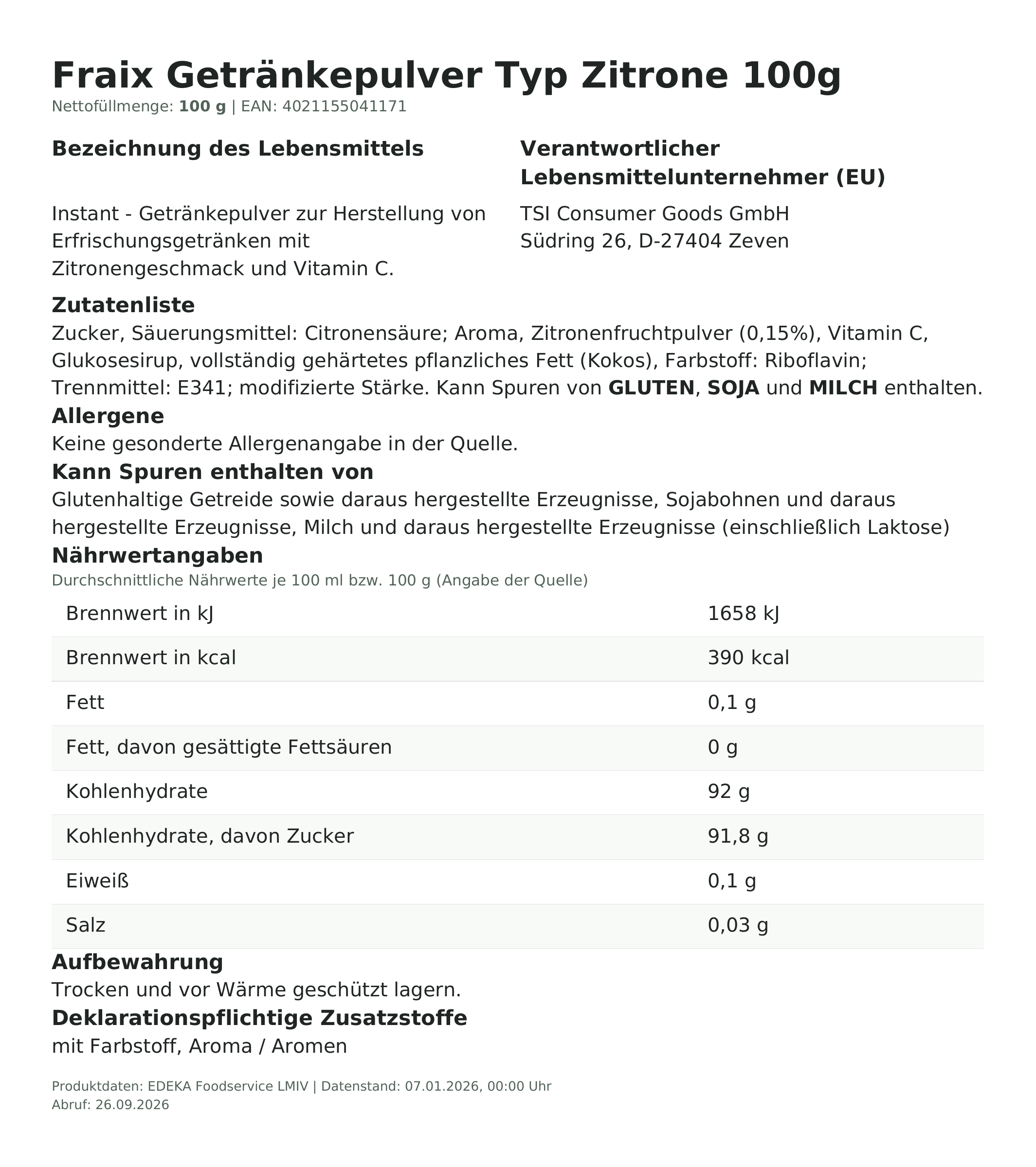 Produktinformationen – Fraix Getränkepulver Typ Zitrone 100g