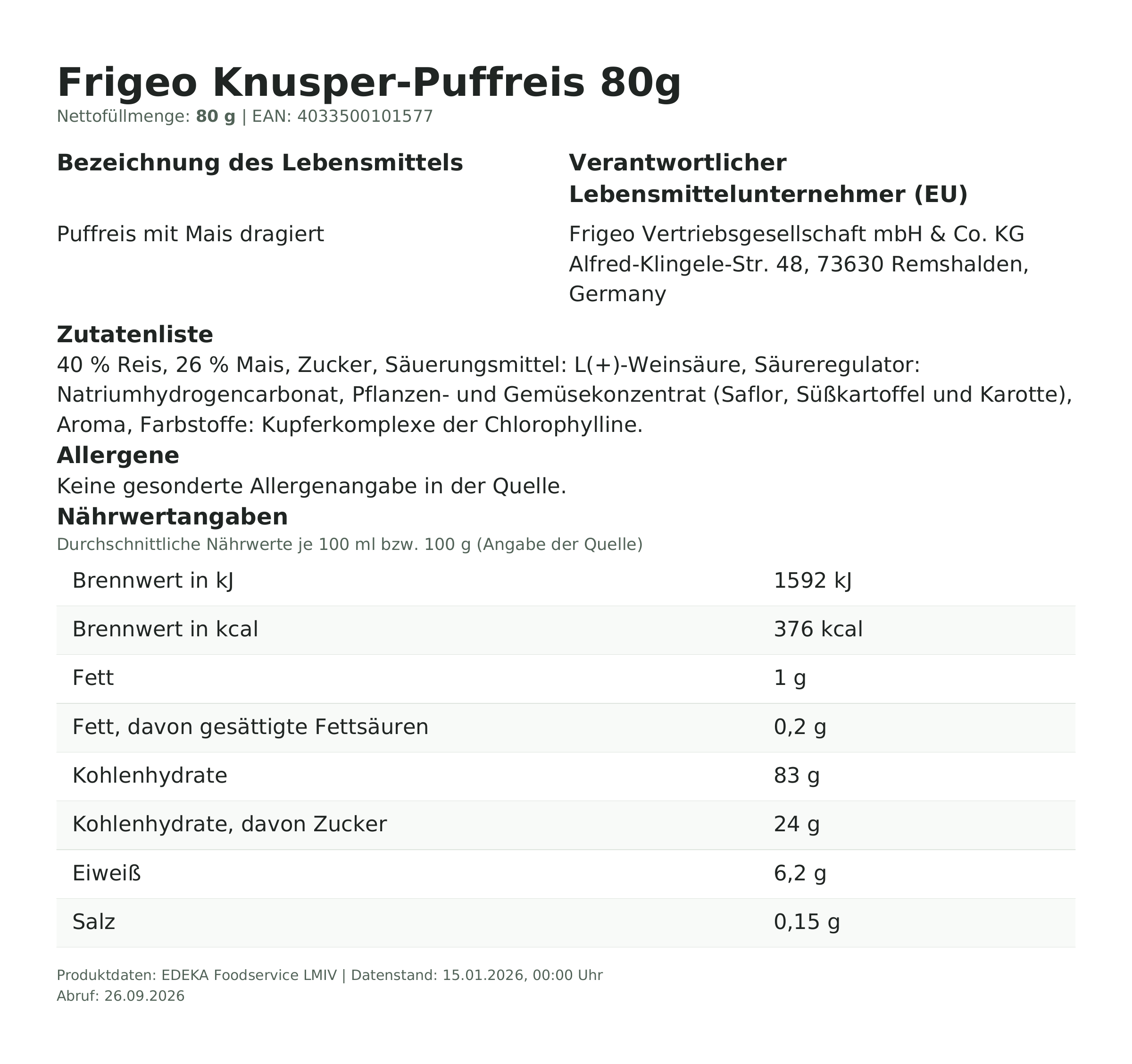 Lebensmittelinformationen: Frigeo Maxi-Puffreis 80g