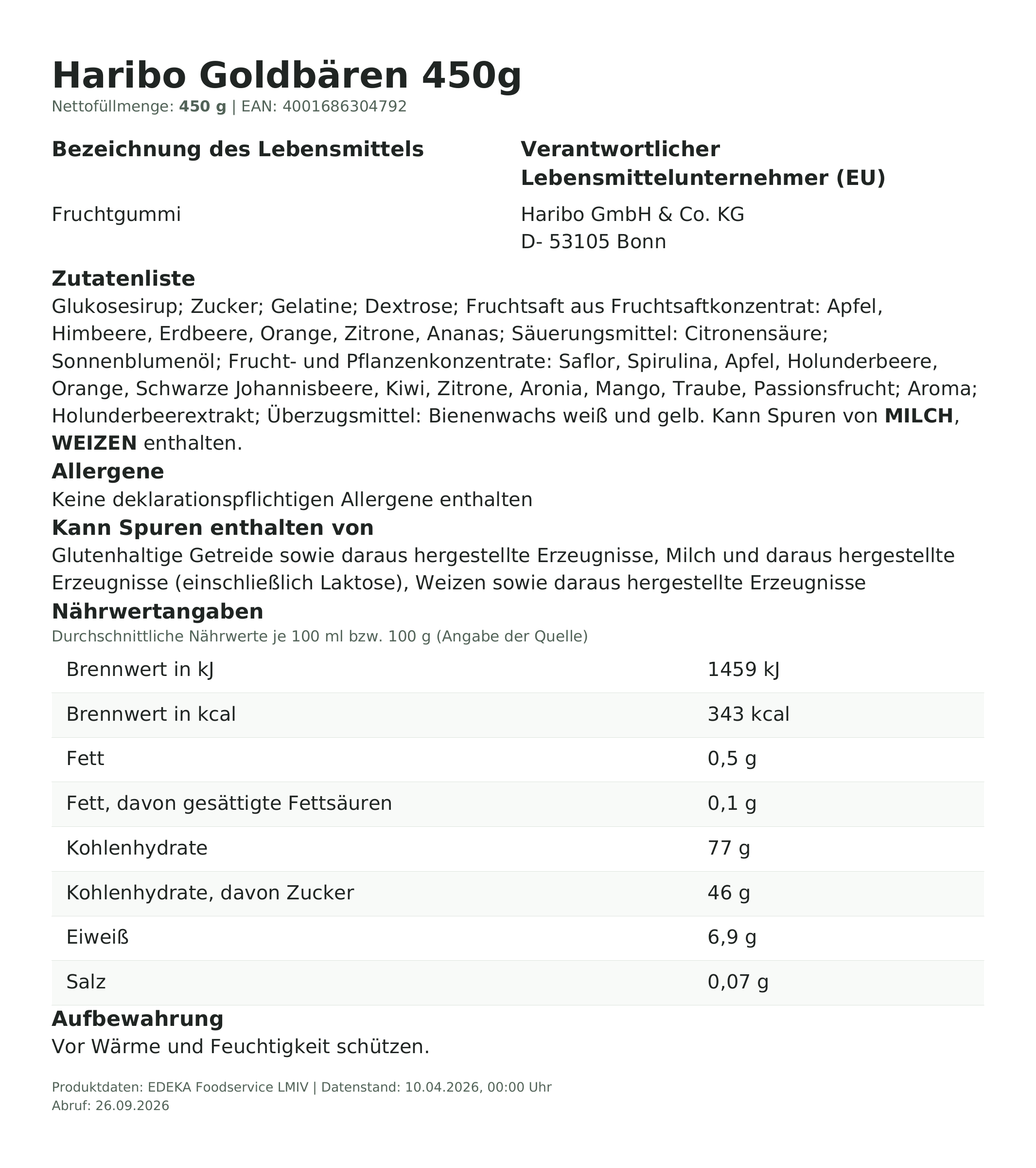 Produktinformationen – Haribo Goldbären 450g