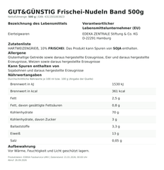 Lebensmittelinformationen: G&G Bandnudeln 500g