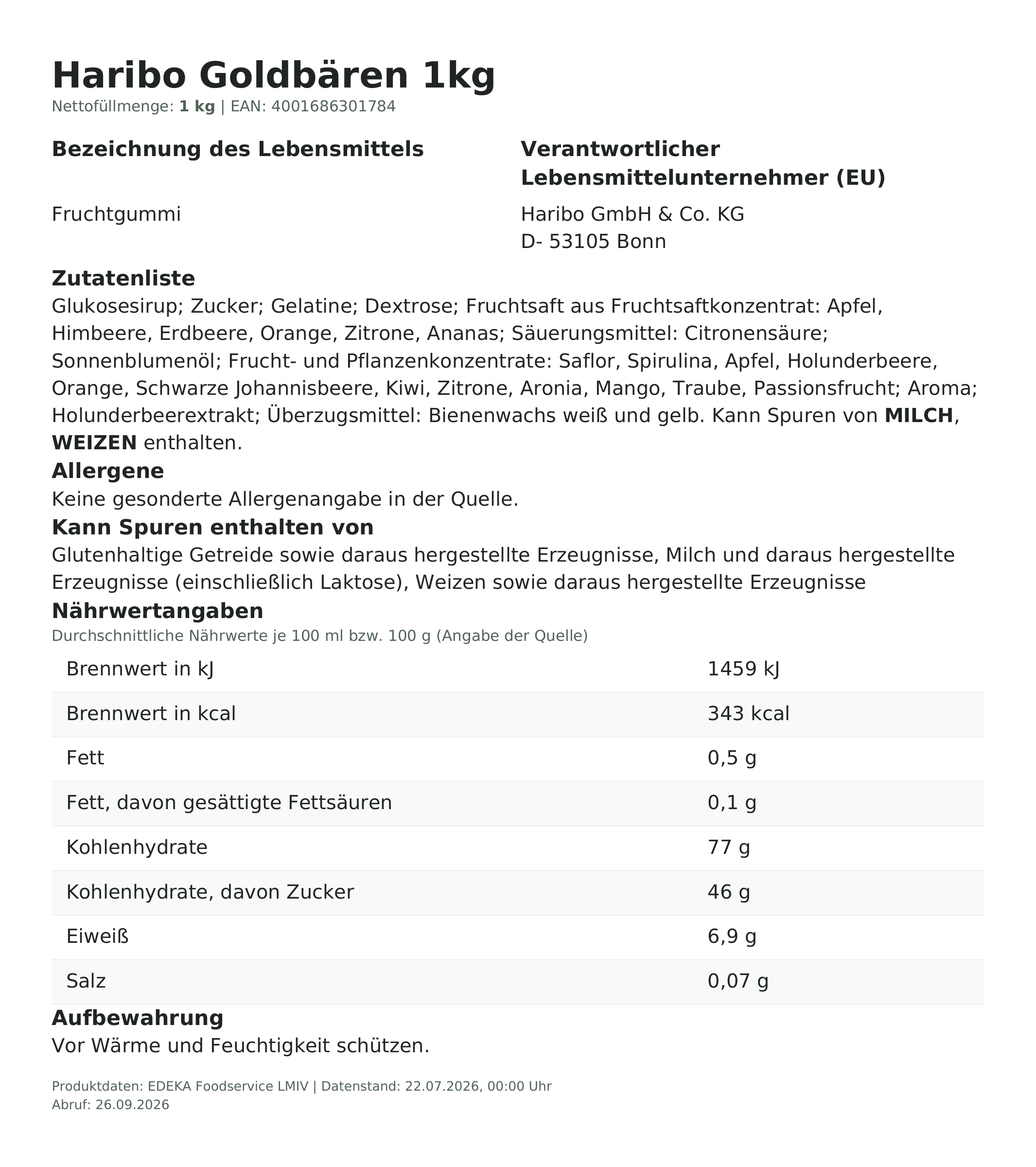 Lebensmittelinformationen: Haribo Btl. 1kg Goldbären
