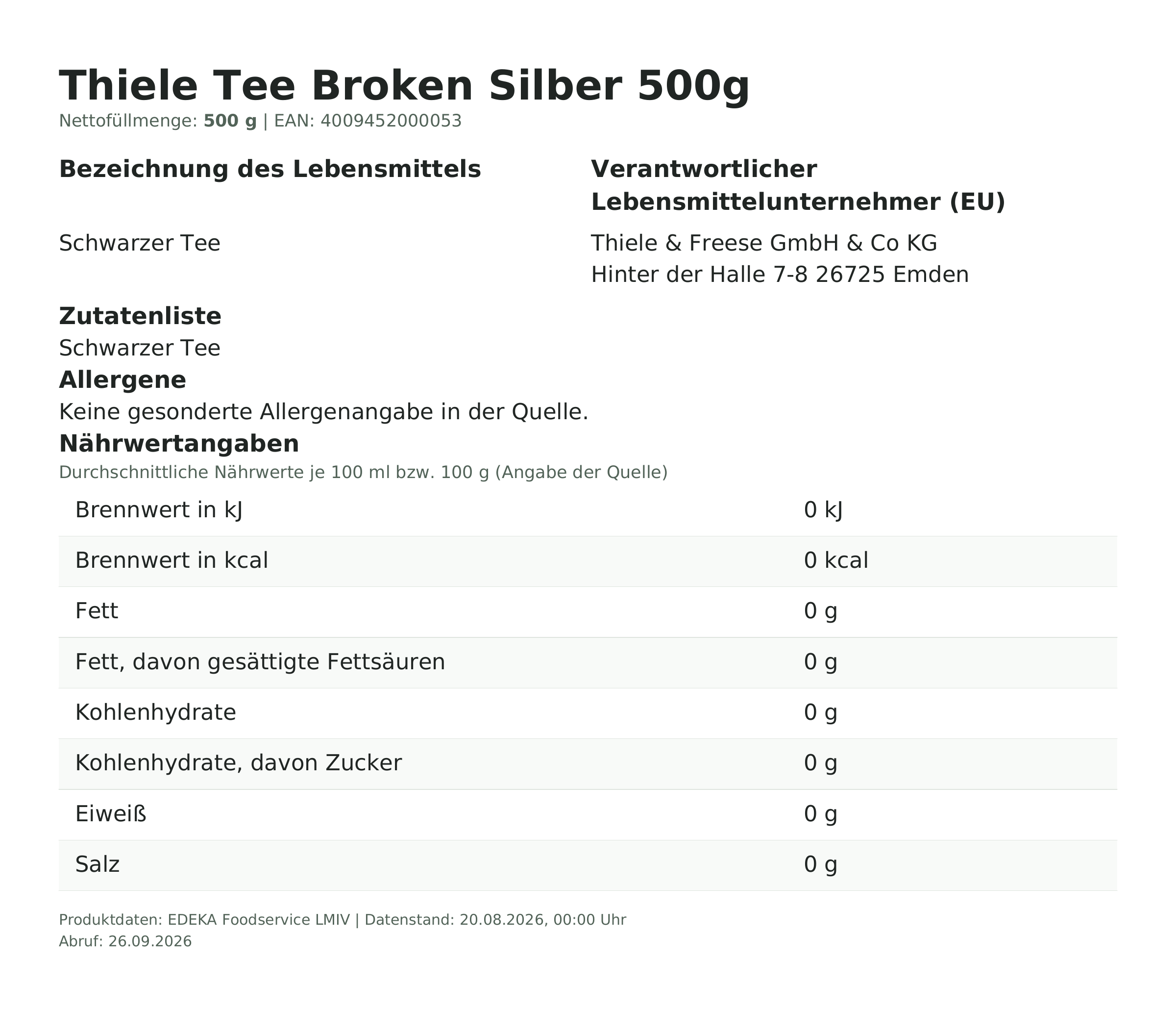 Lebensmittelinformationen: Thiele Tee Broken Silber 500g