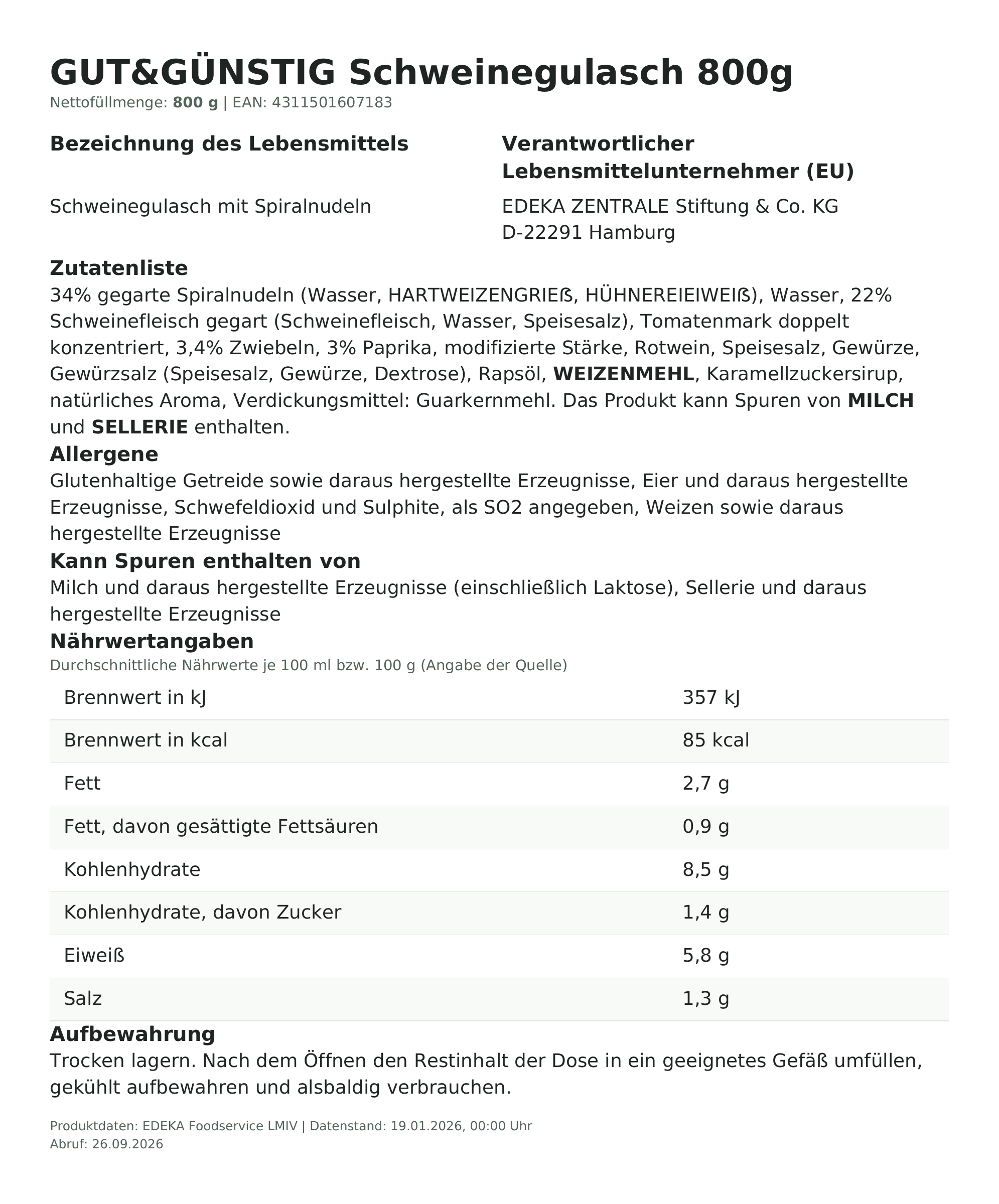 Produktinformationen – Gut&Günstig Schweinegulasch 800g