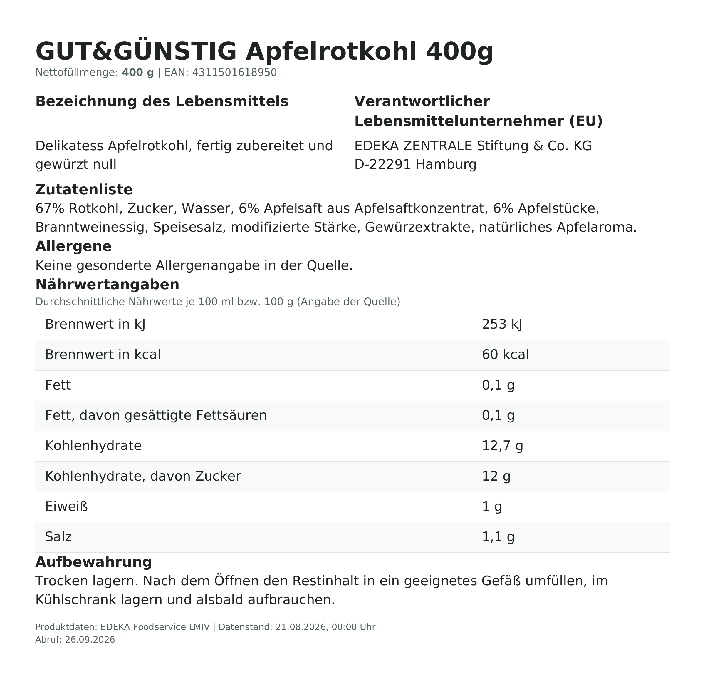 Lebensmittelinformationen: G&G Apfelrotkohl 400g