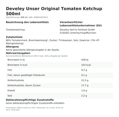 Lebensmittelinformationen: Develey Uns.Orig.Tomato Ketchup 500ml
