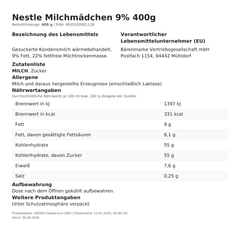 Nestle Milchmädchen 9% 400g – Lebensmittelangaben