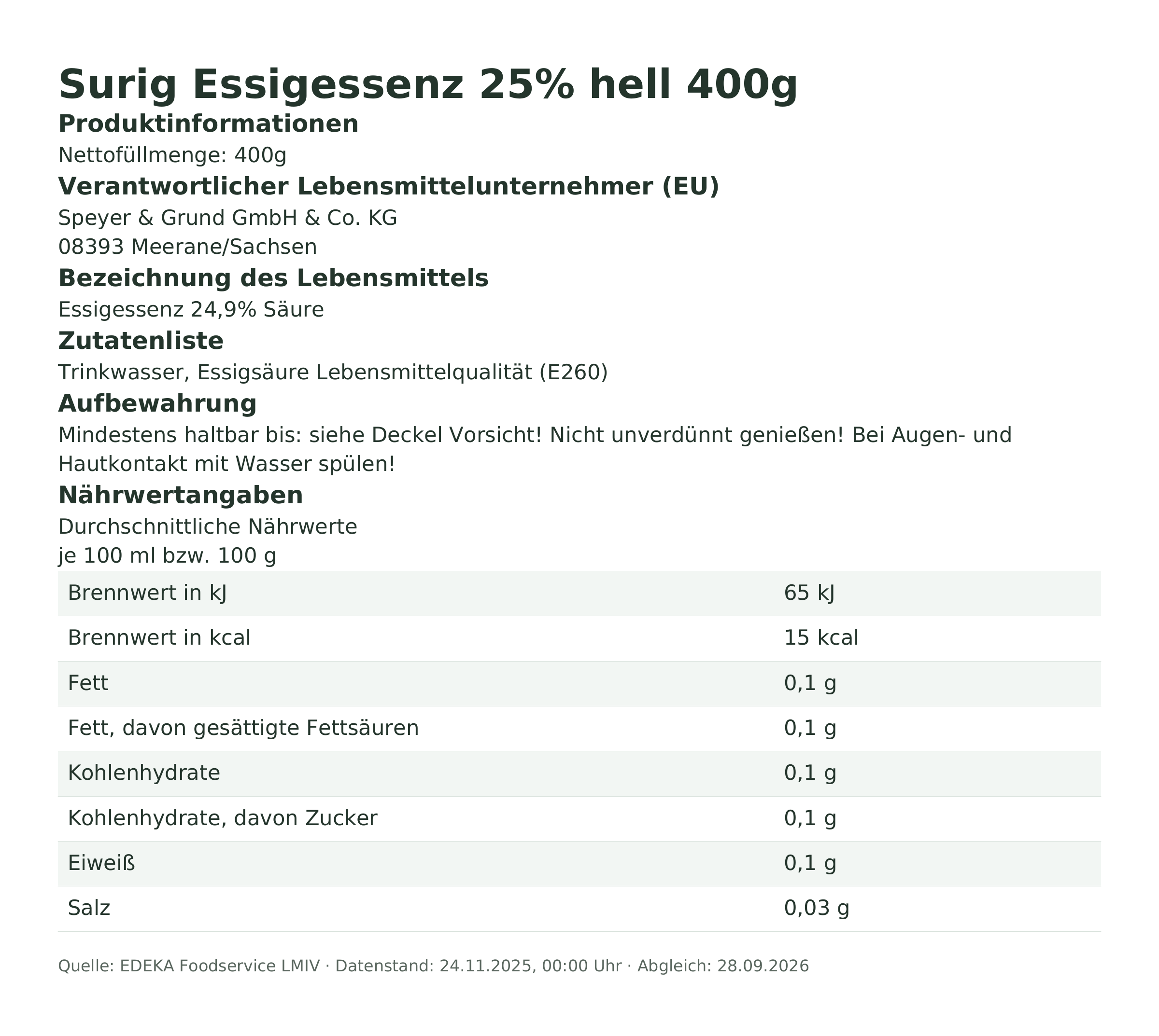 Produktinformationen – Surig Essigessenz 25% hell 400g