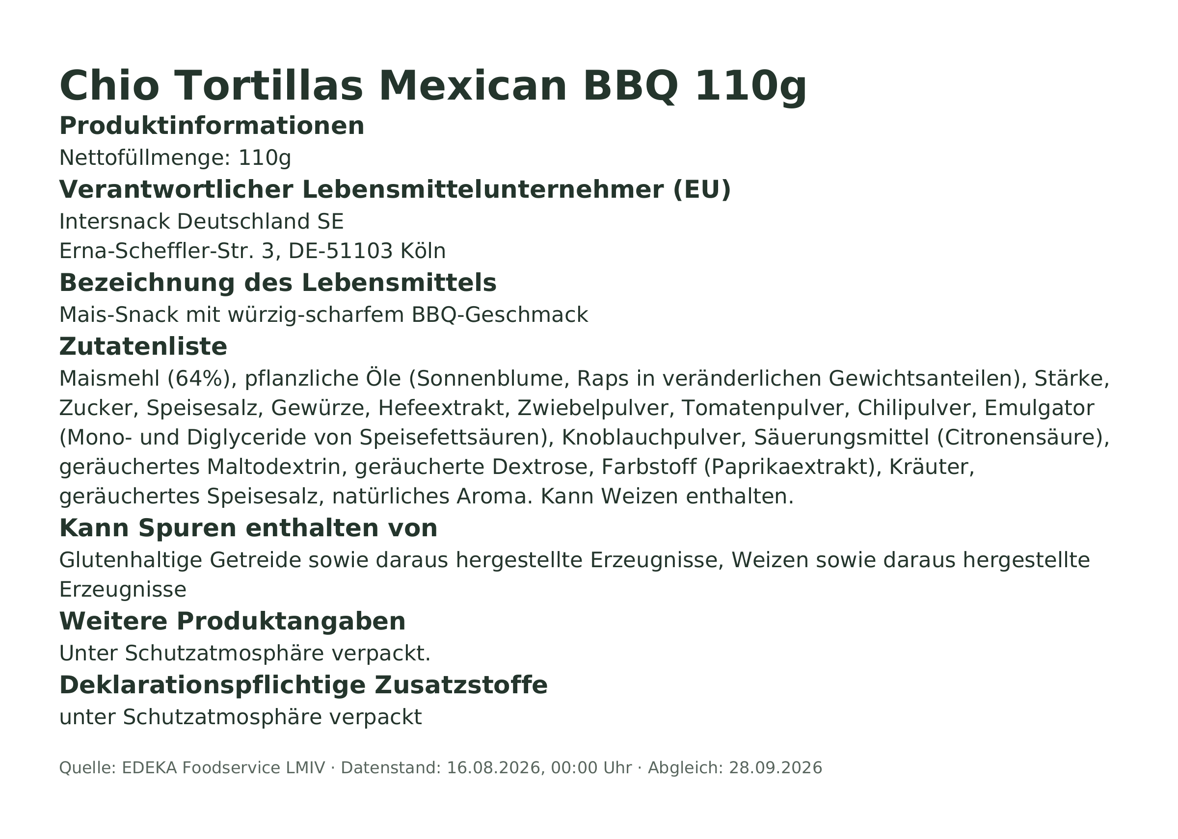 Produktinformationen – Chio Tortillas Mexican BBQ 110g