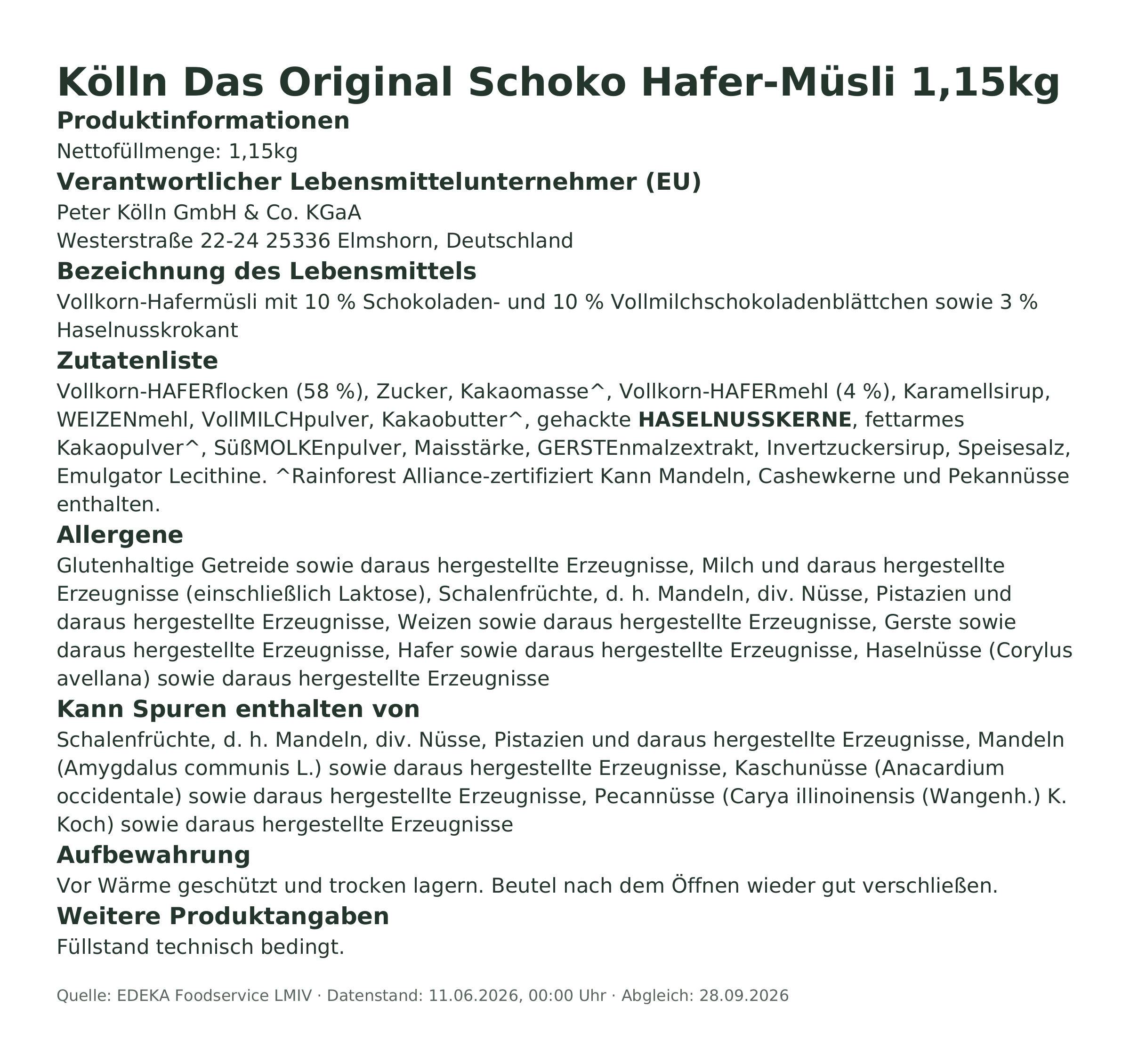 Produktinformationen – Kölln Das Original Schoko Hafer-Müsli 1,15kg