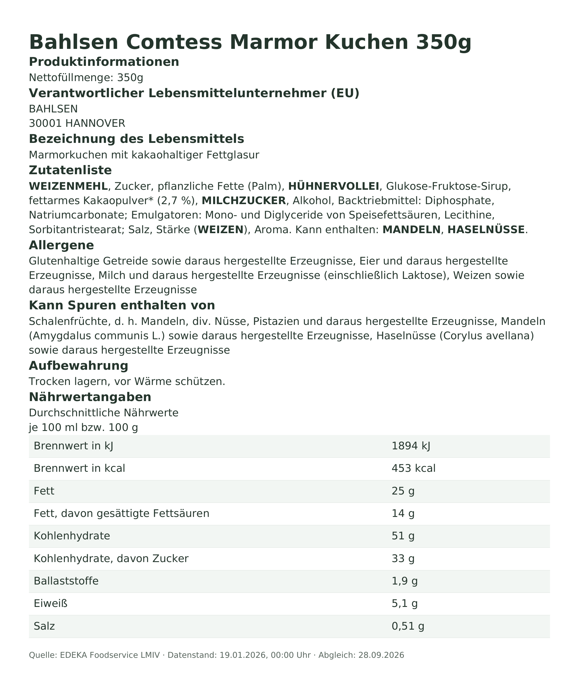 Produktinformationen – Bahlsen Comtess Marmor Kuchen 350g
