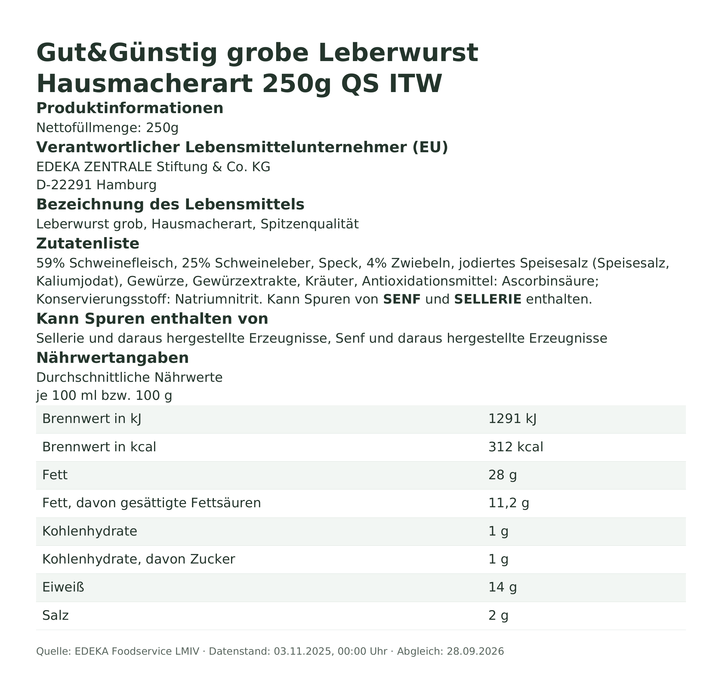 Produktinformationen – Gut&Günstig grobe Leberwurst Hausmacherart 250g QS ITW
