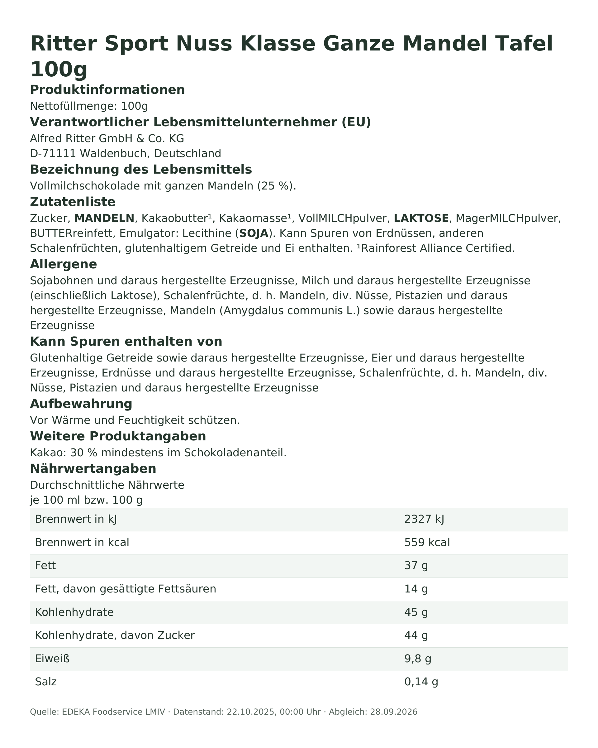 Produktinformationen – Ritter Sport Nuss Klasse Ganze Mandel Tafel 100g