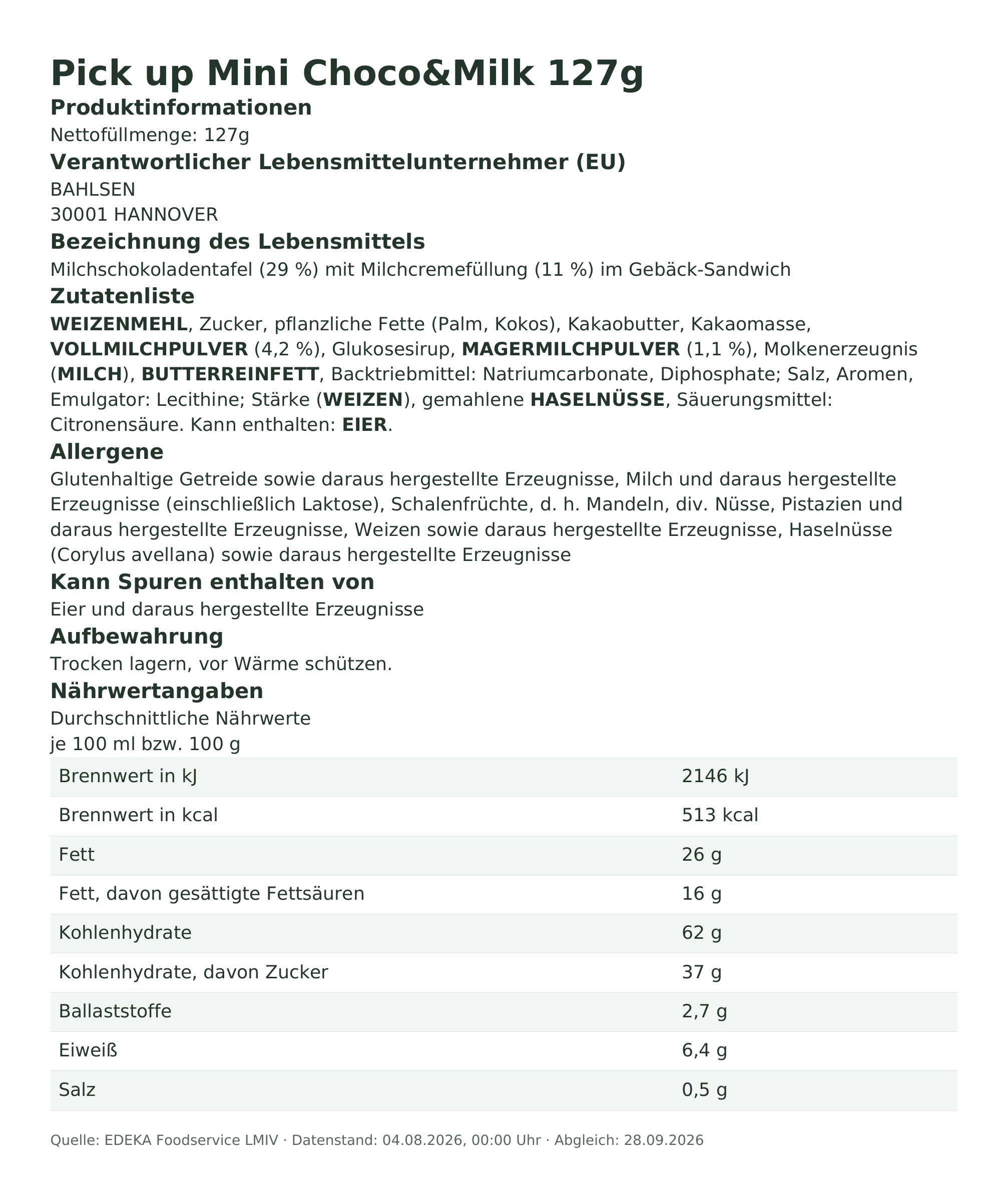 Produktinformationen – Pick up Mini Choco&Milk 127g