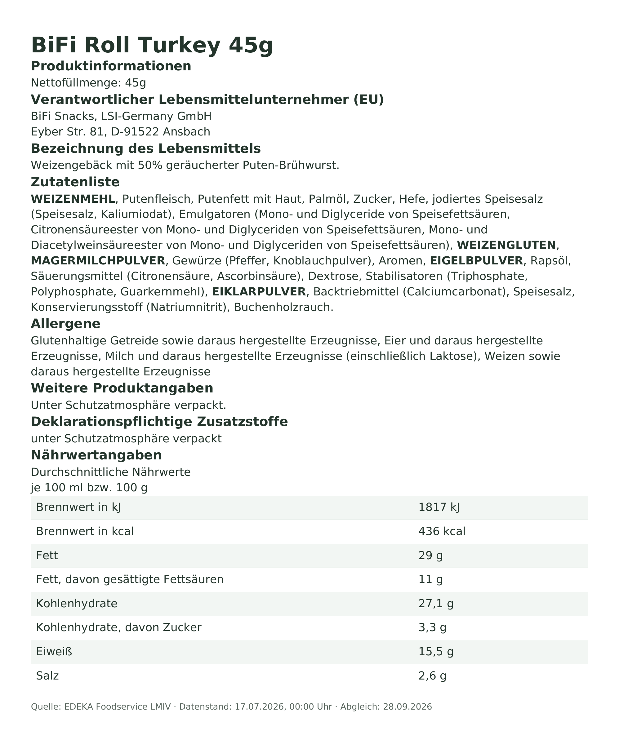 Produktinformationen – BiFi Roll Turkey 45g