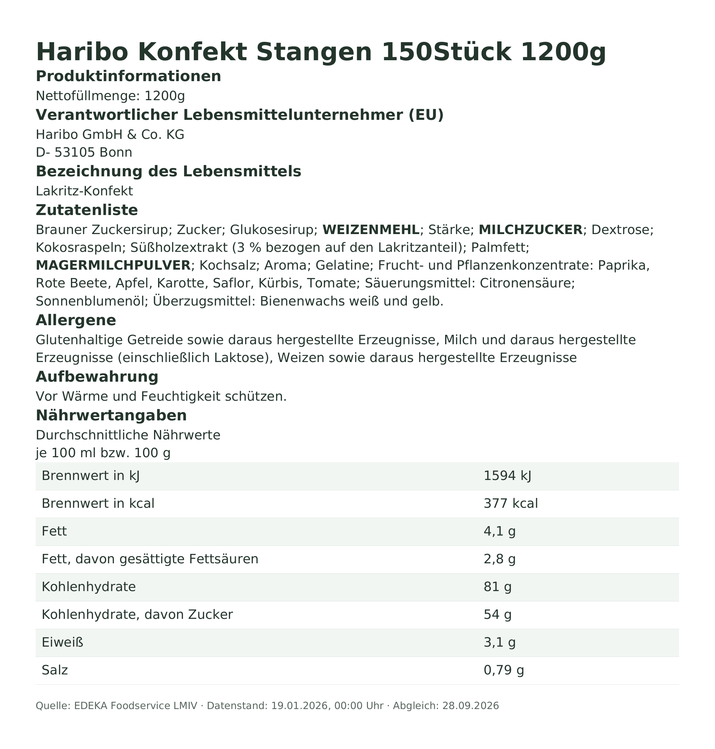 Produktinformationen – Haribo Konfekt Stangen 150Stück 1200g