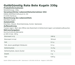 Produktinformationen – Gut&Günstig Rote Bete Kugeln 330g