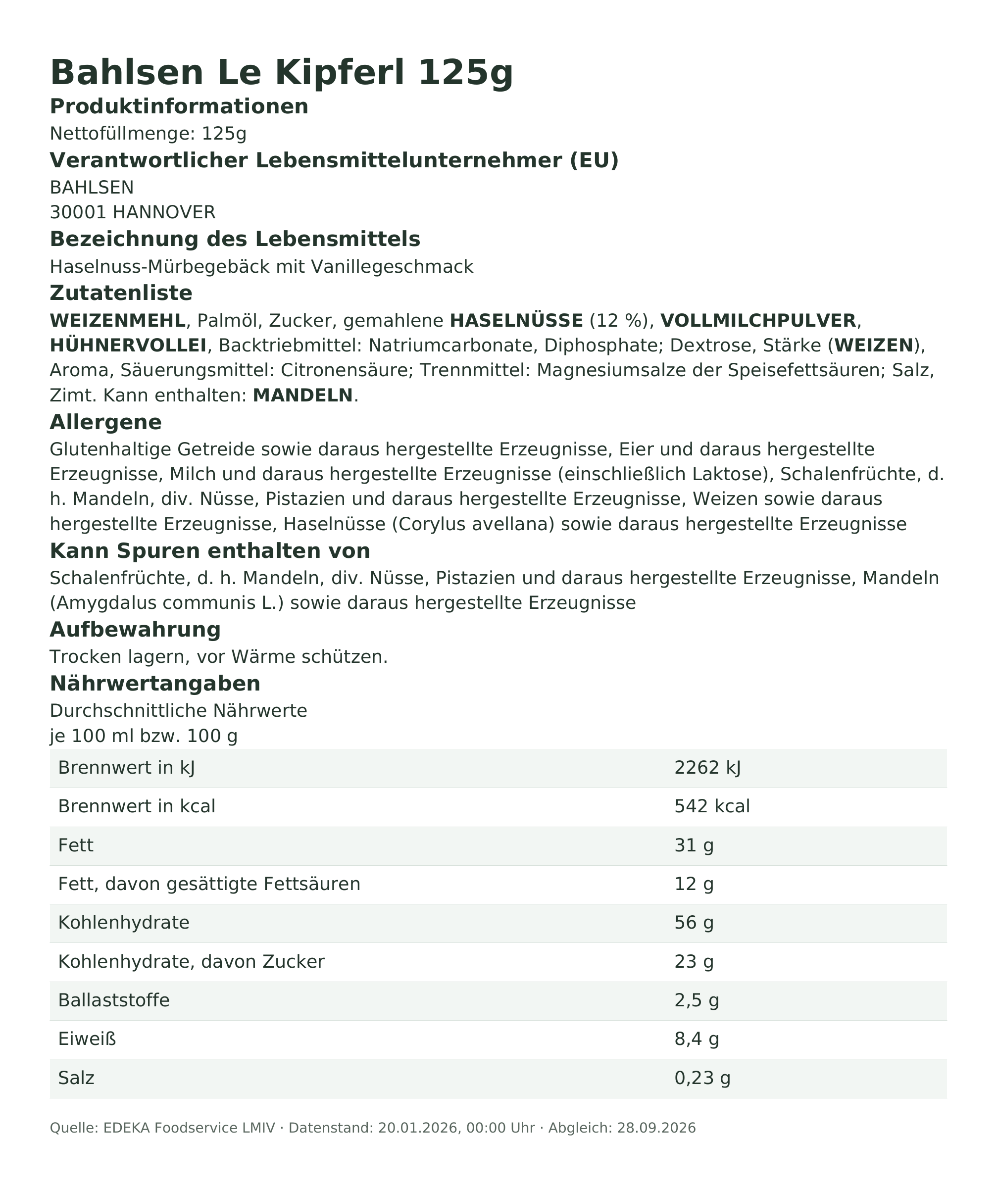 Produktinformationen – Bahlsen Le Kipferl 125g