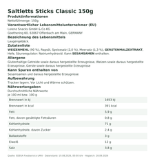 Produktinformationen – Saltletts Sticks Classic 150g
