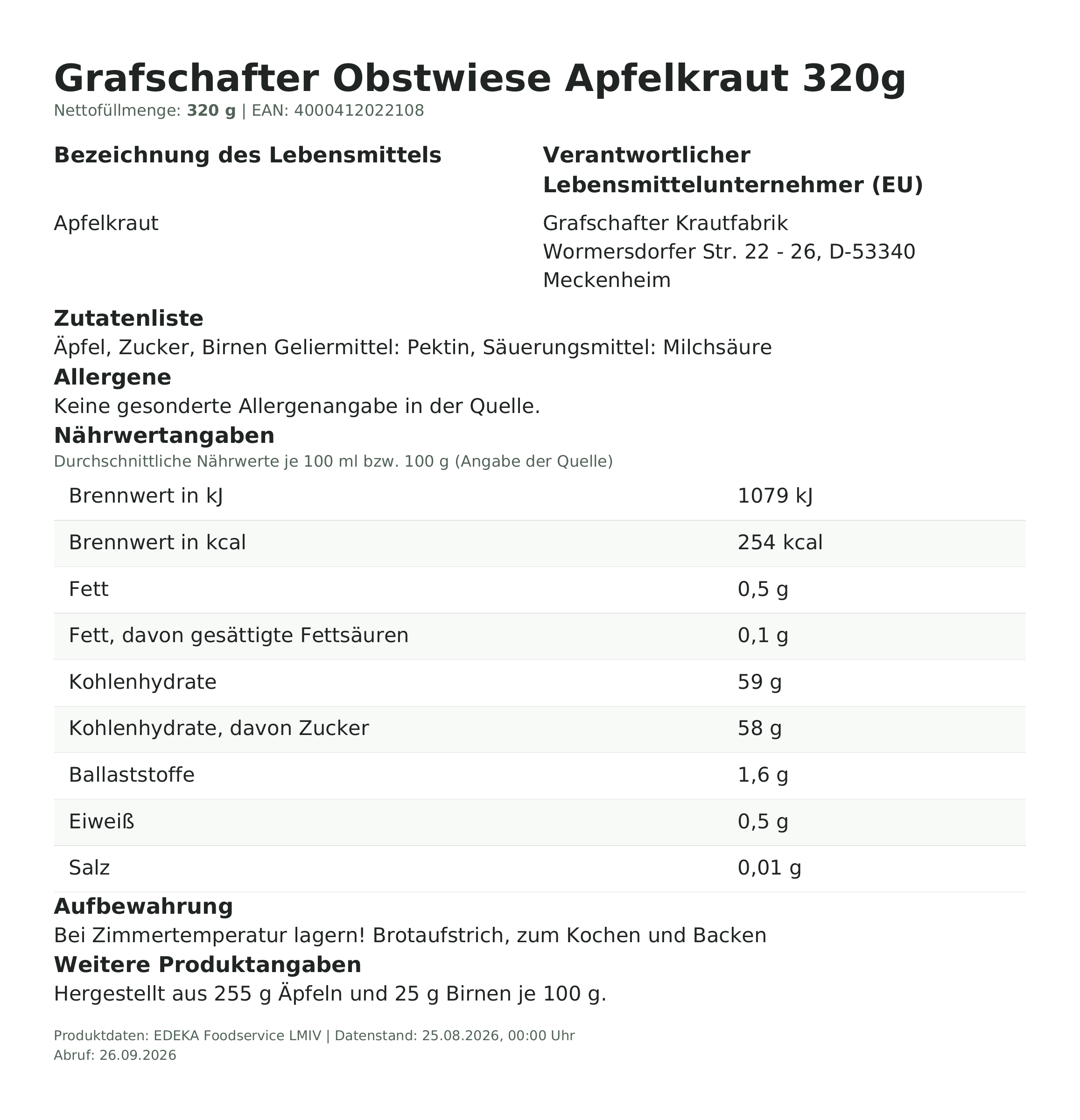Produktinformationen – Grafschafter Obstwiese Apfelkraut 320g