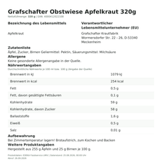 Produktinformationen – Grafschafter Obstwiese Apfelkraut 320g
