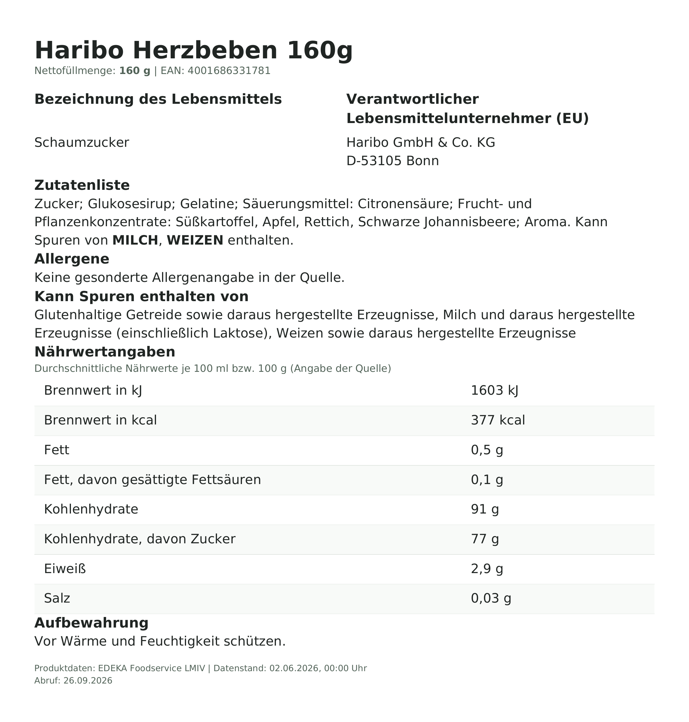 Lebensmittelinformationen: Haribo 160g Herzbeben