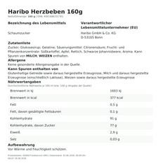 Lebensmittelinformationen: Haribo 160g Herzbeben