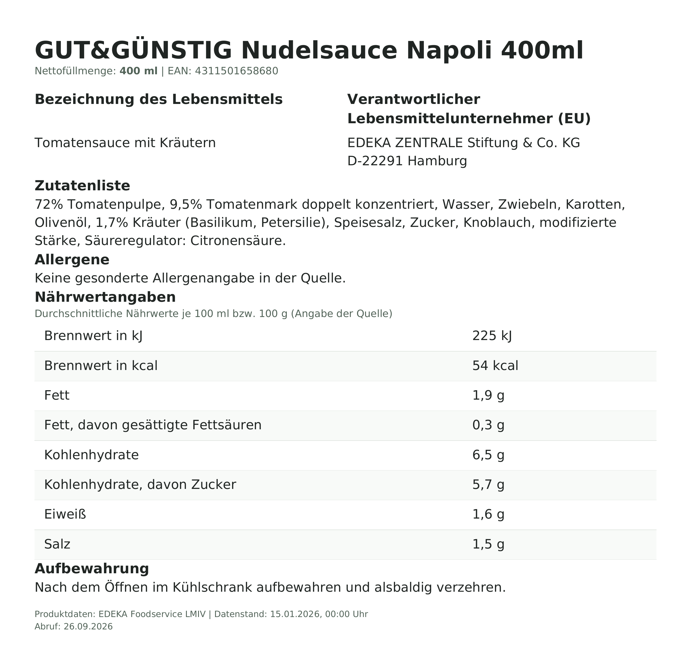 Lebensmittelinformationen: G&G Nudelsauce Napoli 400ml