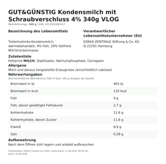 Lebensmittelinformationen: G&G Kondensmilch 4% m. Schraubv o. Gent. 340g