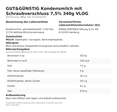 Lebensmittelinformationen: G&G Kondensmilch 7,5% m.Schraubv .o.Gent. 340g