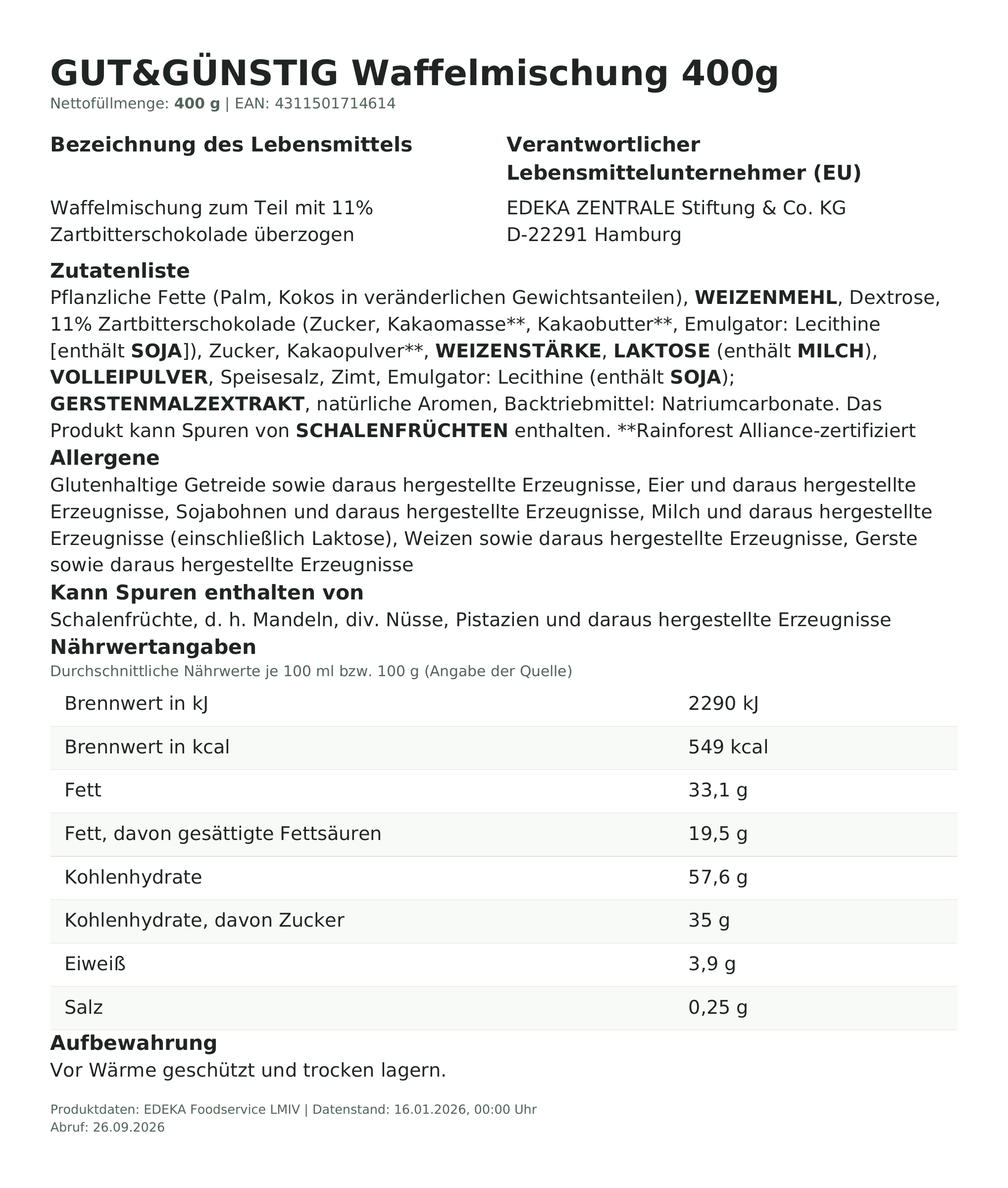 Lebensmittelinformationen: G&G Waffelmischung 400g