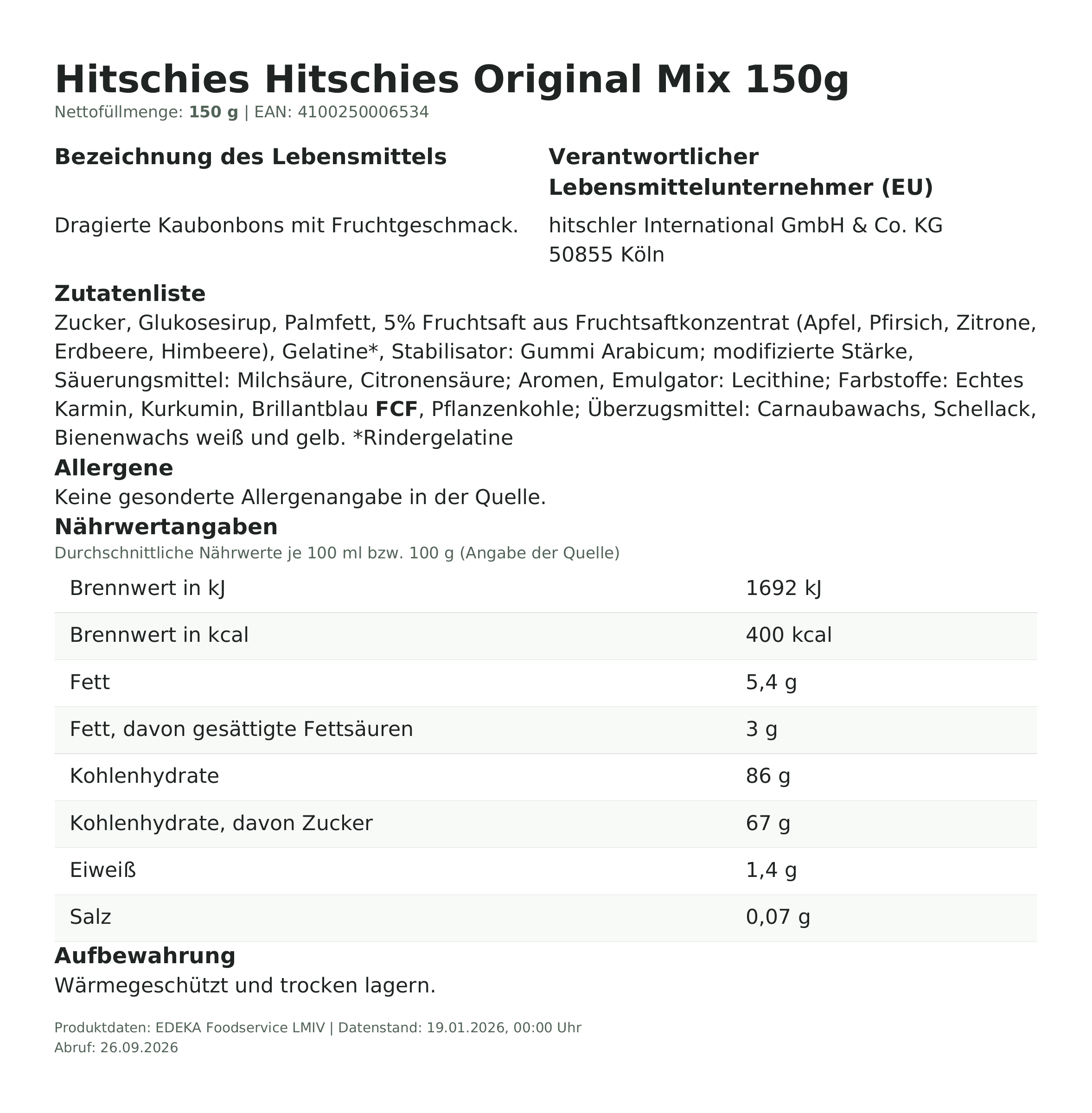 Lebensmittelinformationen: hitschies Kaubonbon Original 150g
