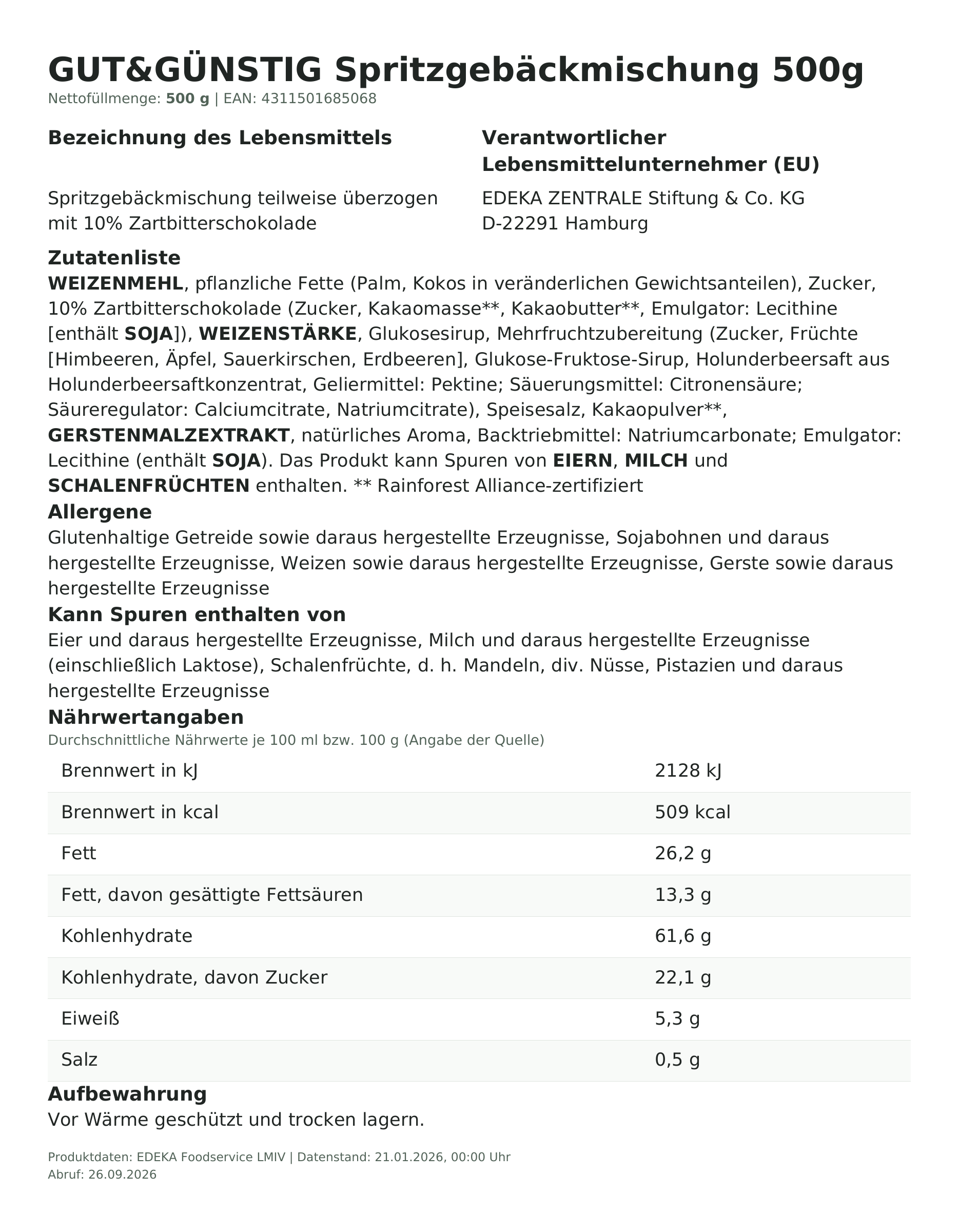Lebensmittelinformationen: G&G Spritzgebäckmischung 500g