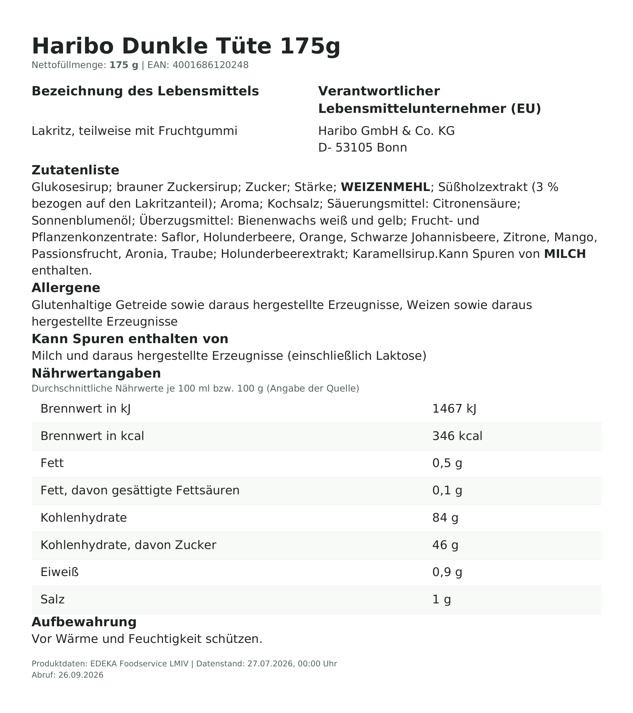 Produktinformationen – Haribo Dunkle Tüte 175g