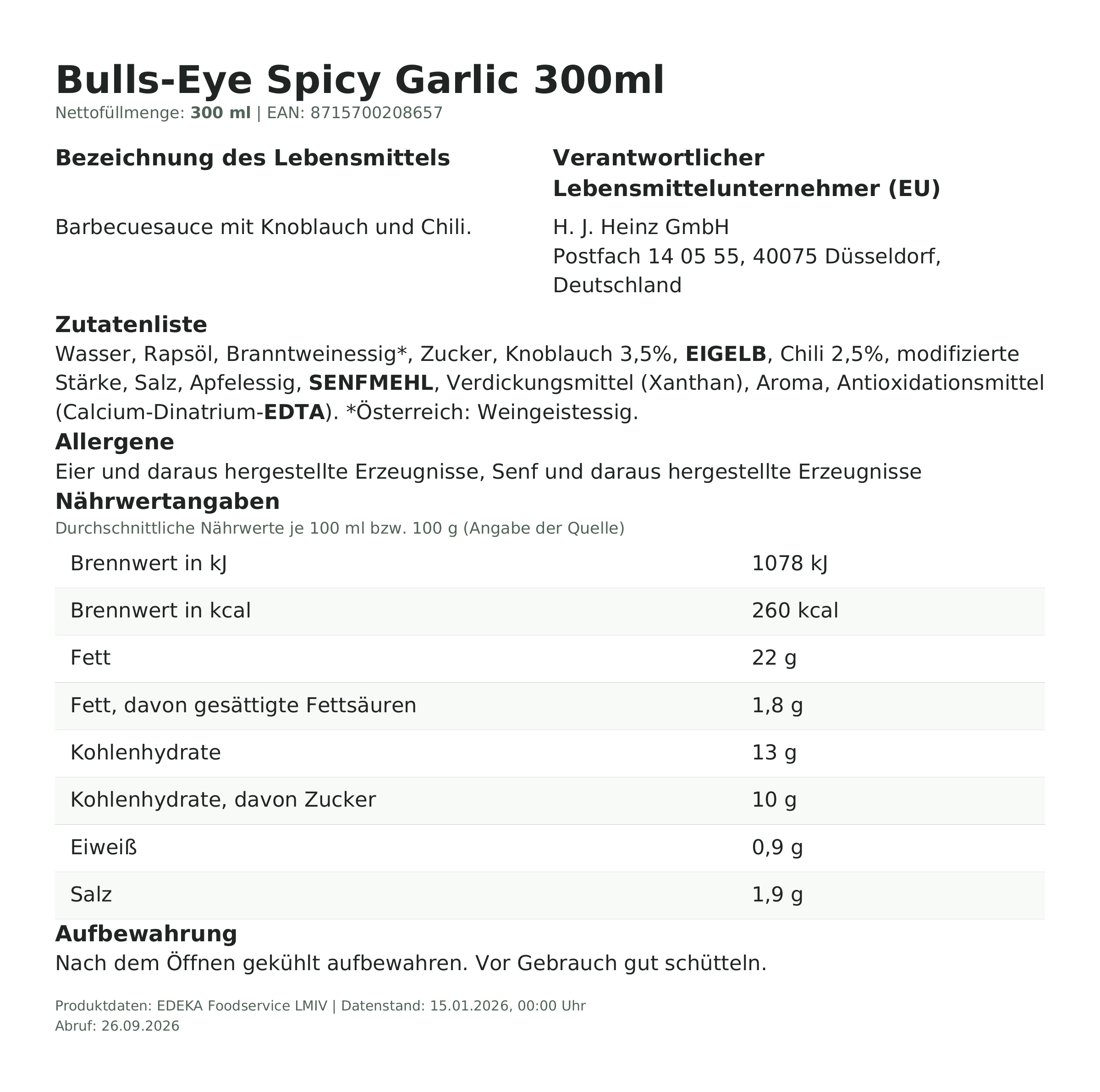 Lebensmittelinformationen: Bulls-Eye Spicy Garlic 300ml