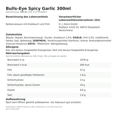 Lebensmittelinformationen: Bulls-Eye Spicy Garlic 300ml