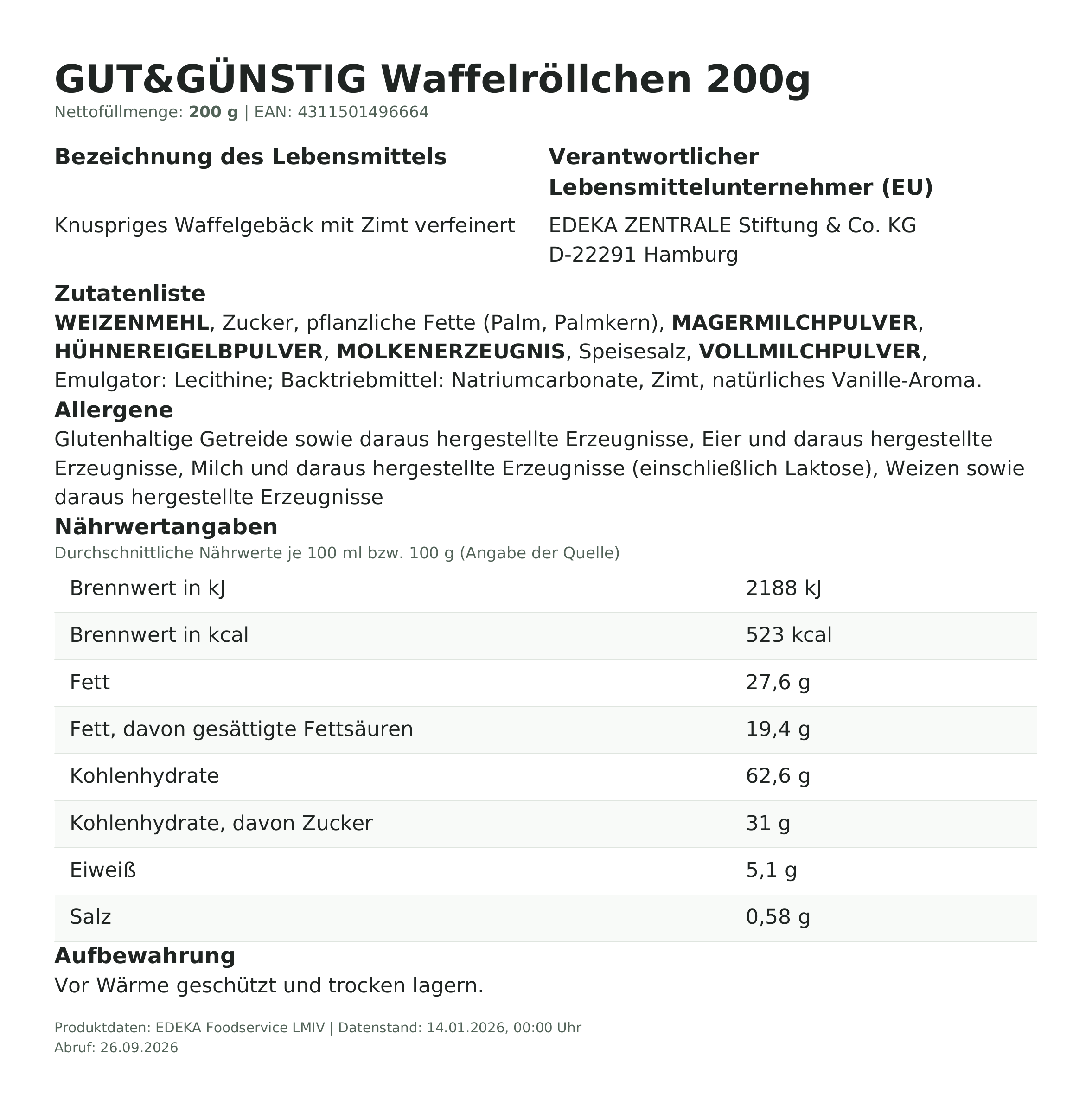 Lebensmittelinformationen: G&G Waffelröllchen 200g