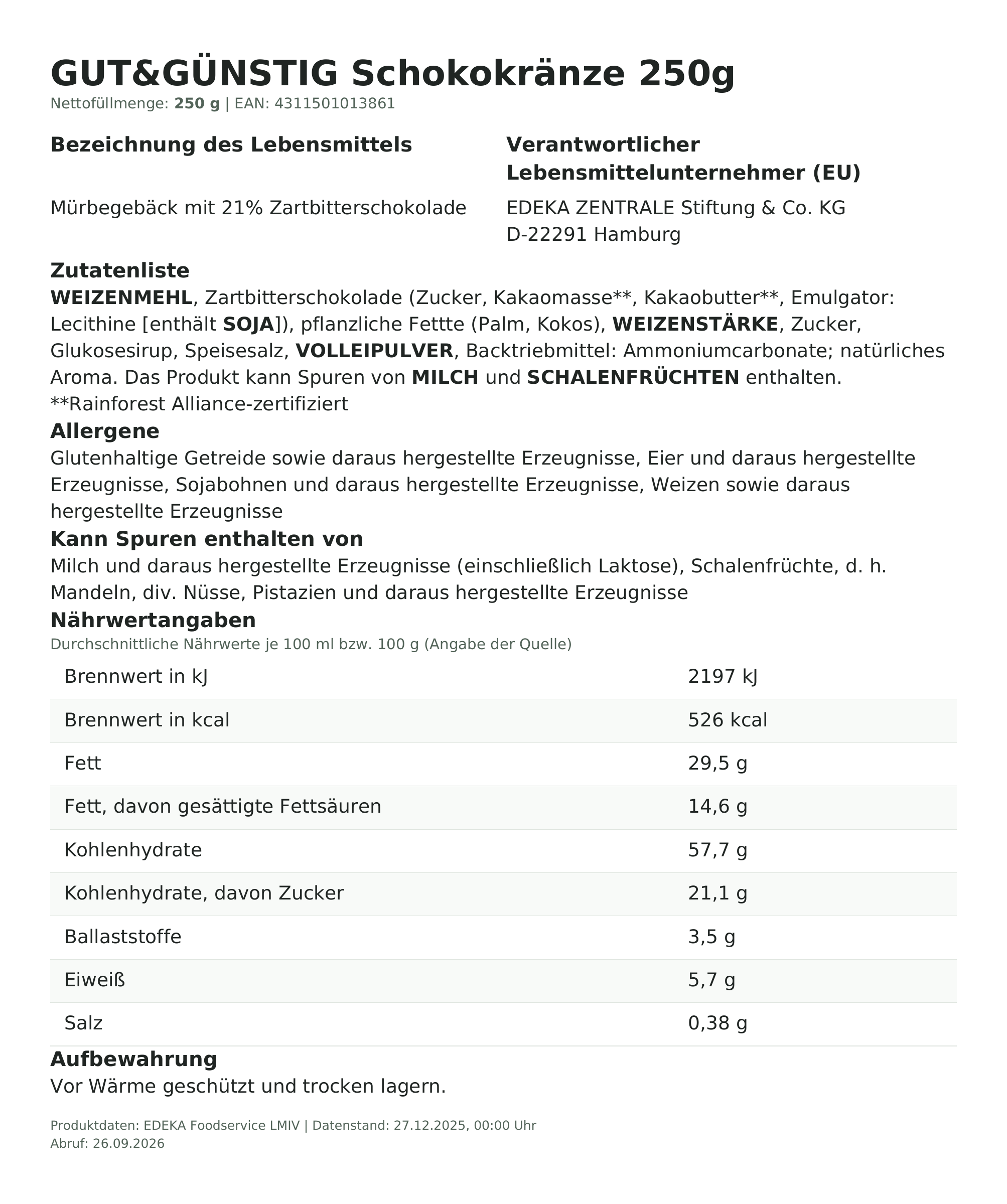 Lebensmittelinformationen: G&G Schokokränze 250g