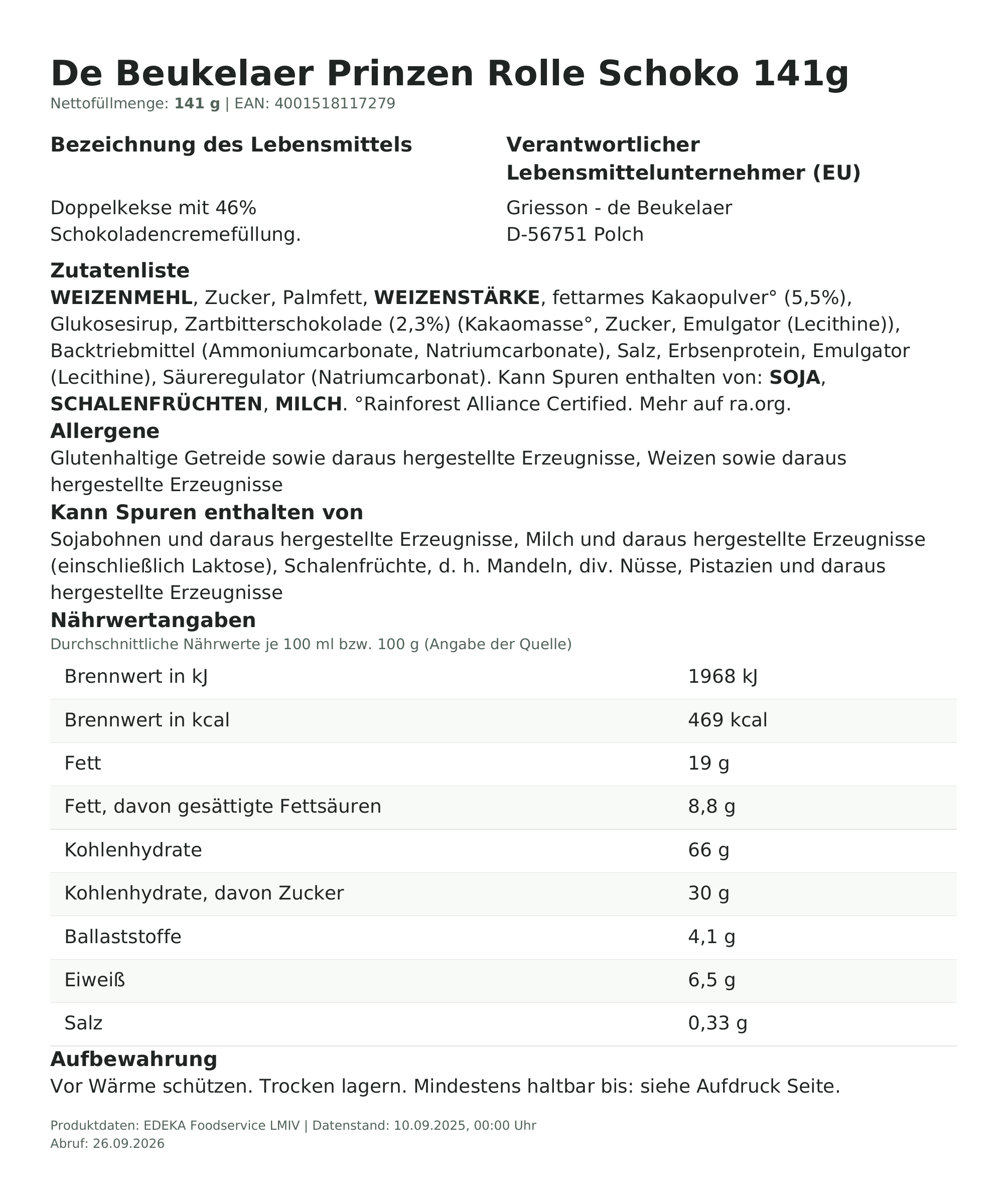 Lebensmittelinformationen: Prinzenrolle Schoko 141g