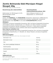 Produktinformationen – Zentis Belmanda Edel-Marzipan Riegel Nougat 40g