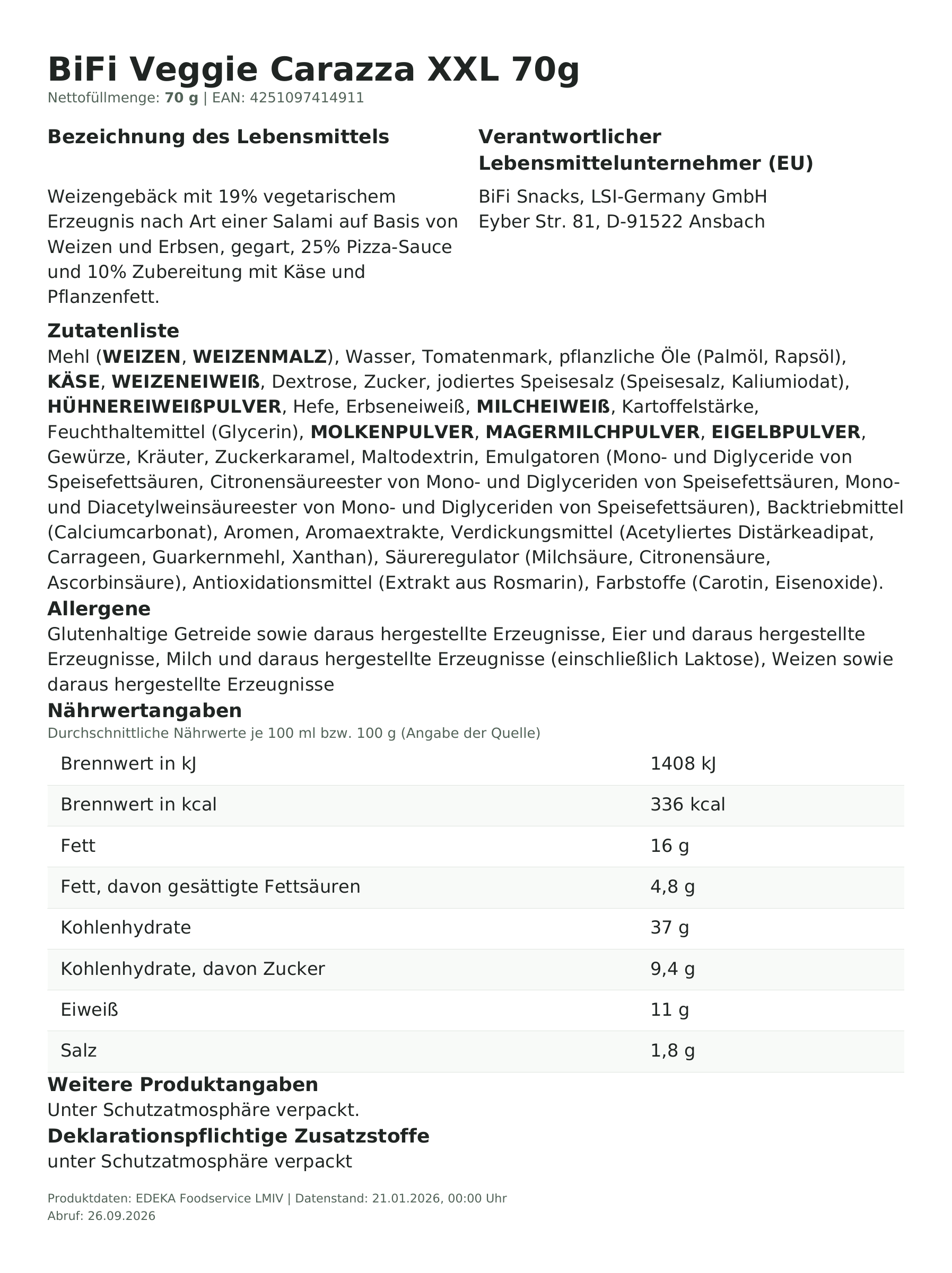 Produktinformationen – BiFi Veggie Carazza XXL 70g