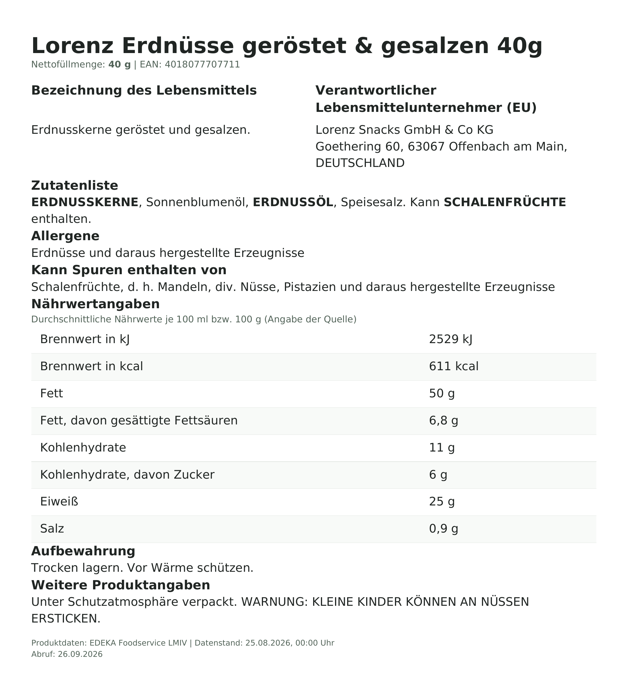 Lebensmittelinformationen: Lorenz Erdnüsse geröstet & gesalzen 40g