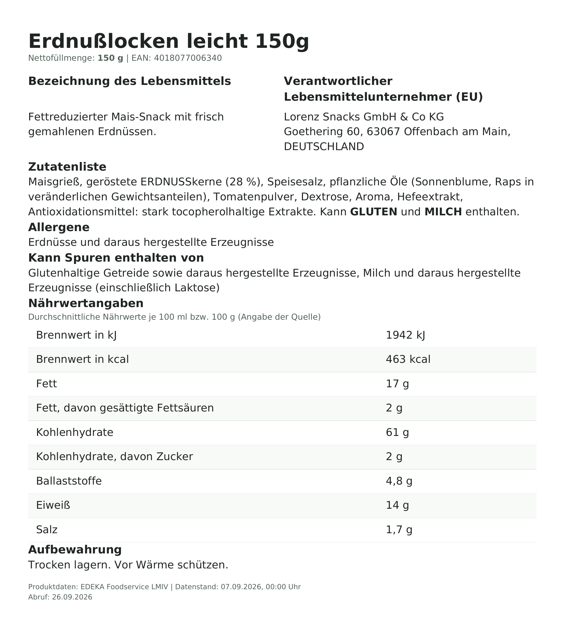 Lebensmittelinformationen: Lorenz ErdnußLocken Leicht 150g