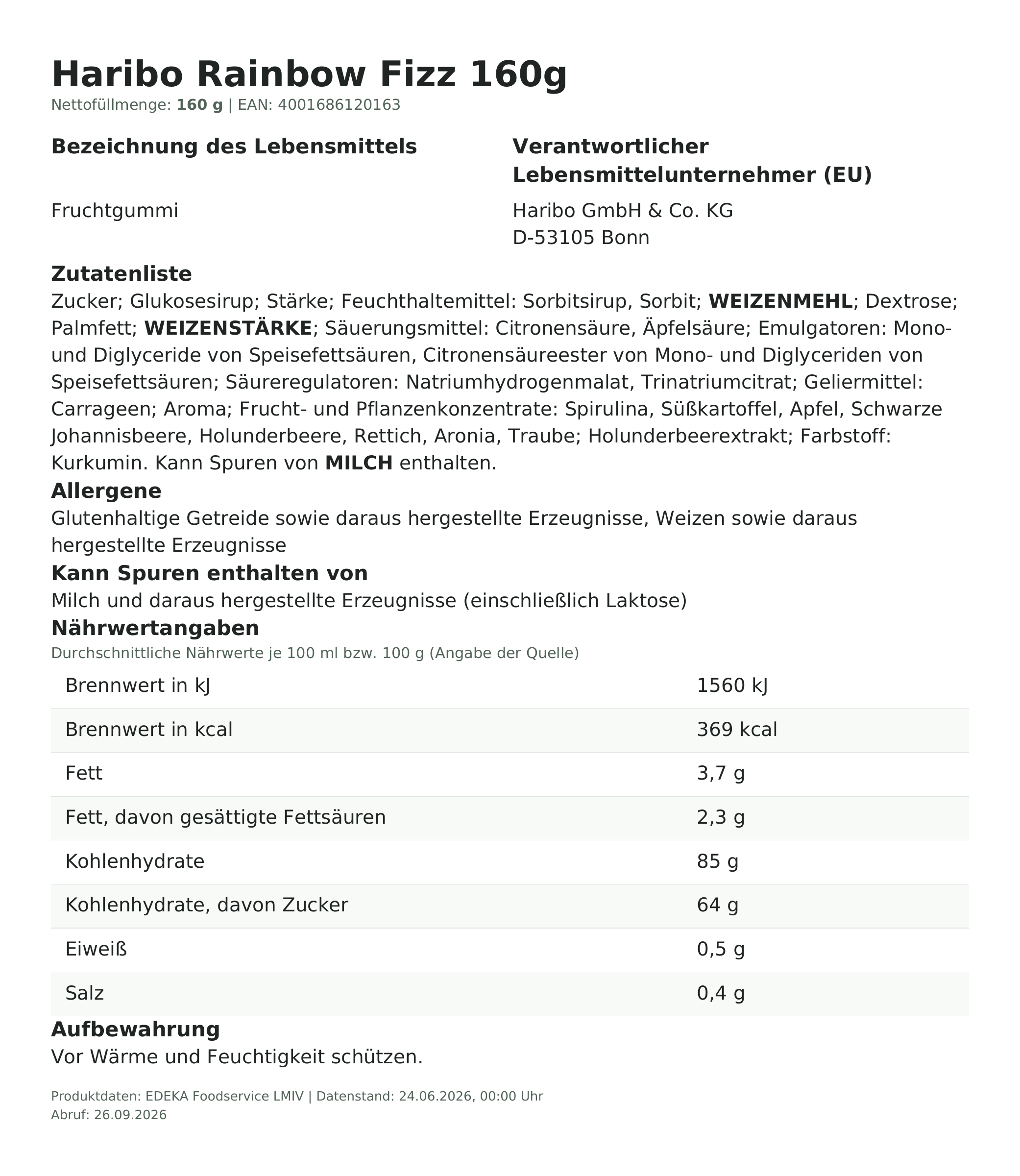 Produktinformationen – Haribo Rainbow Fizz 160g