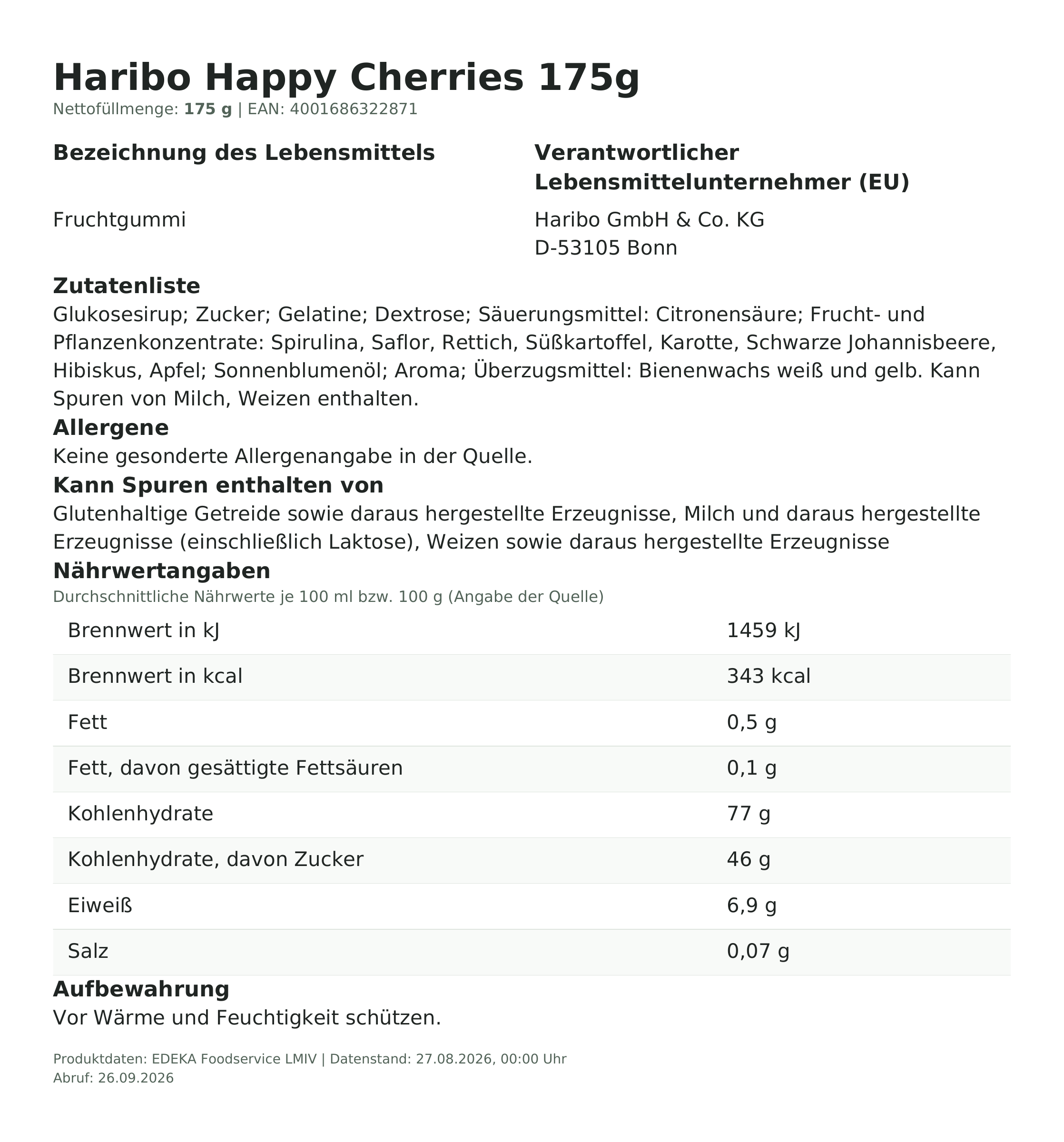 Lebensmittelinformationen: Haribo 175g Happy Cherries